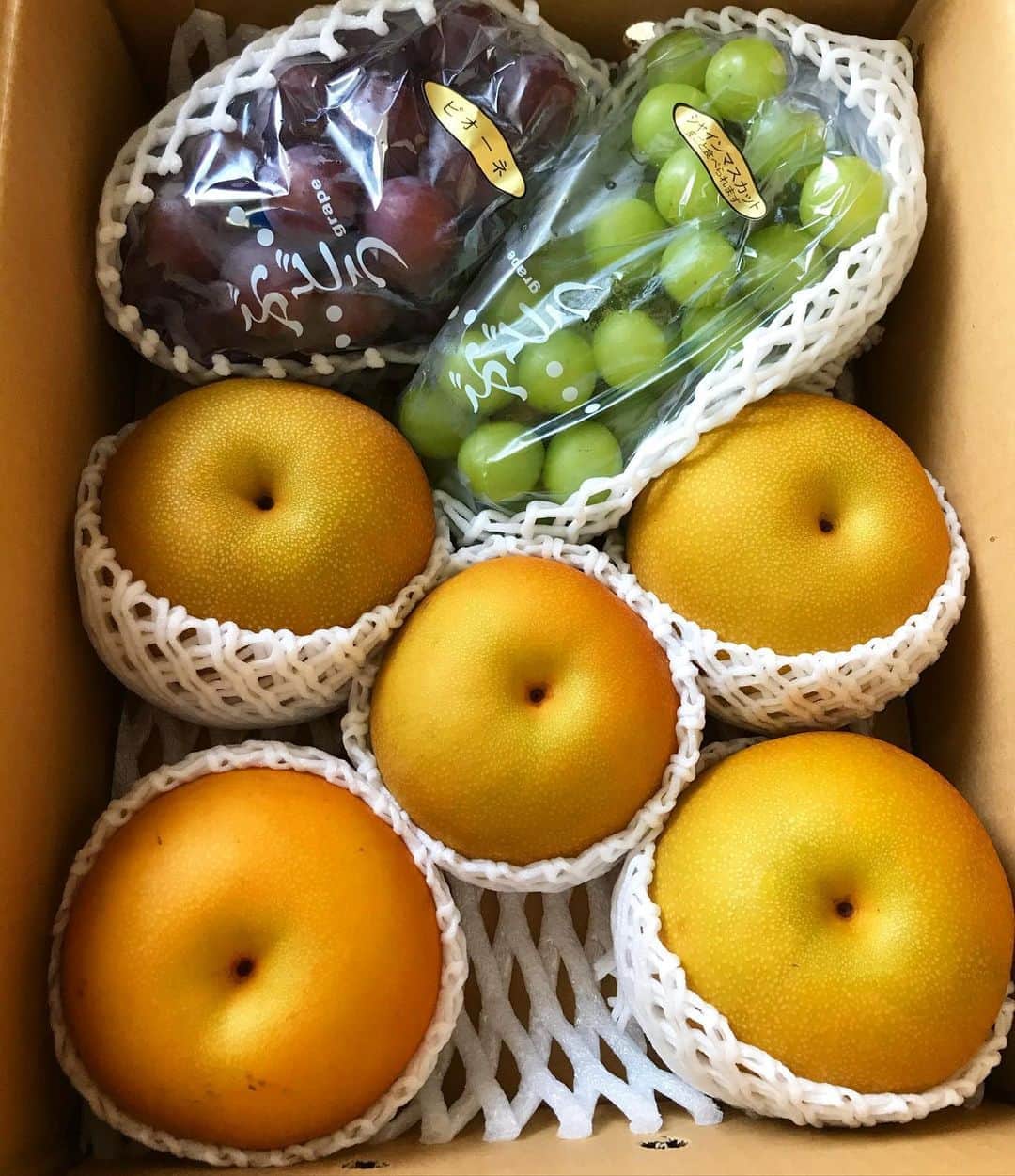 MOOMINのインスタグラム：「まるふくふぁーむ @h.stitch.y  さんから 葡萄🍇と梨🍐届きました。 ありがたくいただきます！  #感謝 #ありがとうの連鎖 #葡萄 #梨 #シャインマスカット #ピオーネ #あきづき #まるふくふぁーむ」