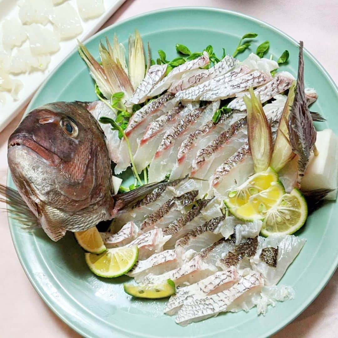 富田真紀子さんのインスタグラム写真 - (富田真紀子Instagram)「タイのお造り🐟🐟🐟 と、ケンサキイカ。  #せりのとみちゃん #仙崎市場 #savesenzaki  #大小早川商店   #毎日投稿チャレンジ #魚の投稿ばっかりで #みんな飽きた？ #明日からは #リハビリの状況も載せるyo!」9月14日 18時34分 - makikotommy