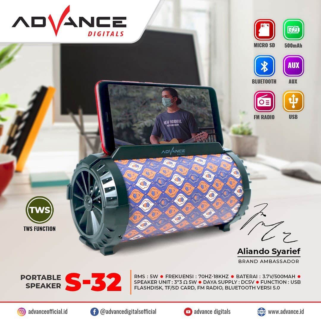 Aliando Syariefのインスタグラム：「PSBB di Jakarta hari ini sudah diterapkan kembali, biar gak bosan dirumah terus bisa nonton film atau video musik favorit kamu dengan Speaker Bluetooth S-32 dari @advanceofficial.id kualitas suara dan bass jernih berasa nonton film di bioskop dengan TWS 2 speaker. Advance Unggulanku! #speakerbass #speakeebluetooth  #speakerportable #speakeradvance #advancedigitals #twsspeaker」