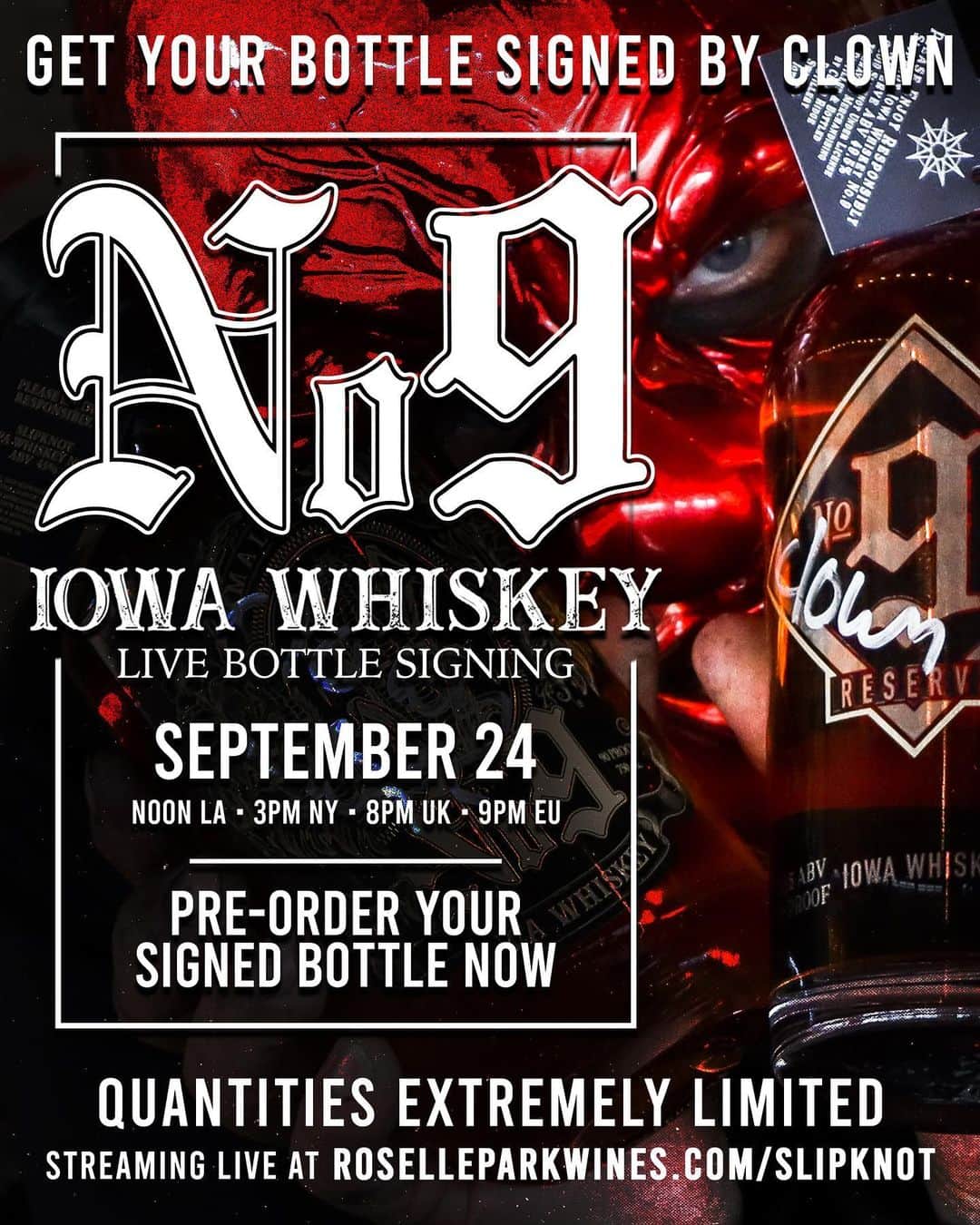 Slipknotさんのインスタグラム写真 - (SlipknotInstagram)「Join clown for a special @SlipknotWhiskey Bottle Signing, streaming live on September 24 at Noon LA • 3pm NY • 8pm UK • 9pm EU. Clown will be talking whiskey, answering fan questions and signing every bottle. Quantities are extremely limited. Pre-order your signed bottle + watch at roselleparkwines.com/Slipknot. Link in bio.」9月15日 2時16分 - slipknot