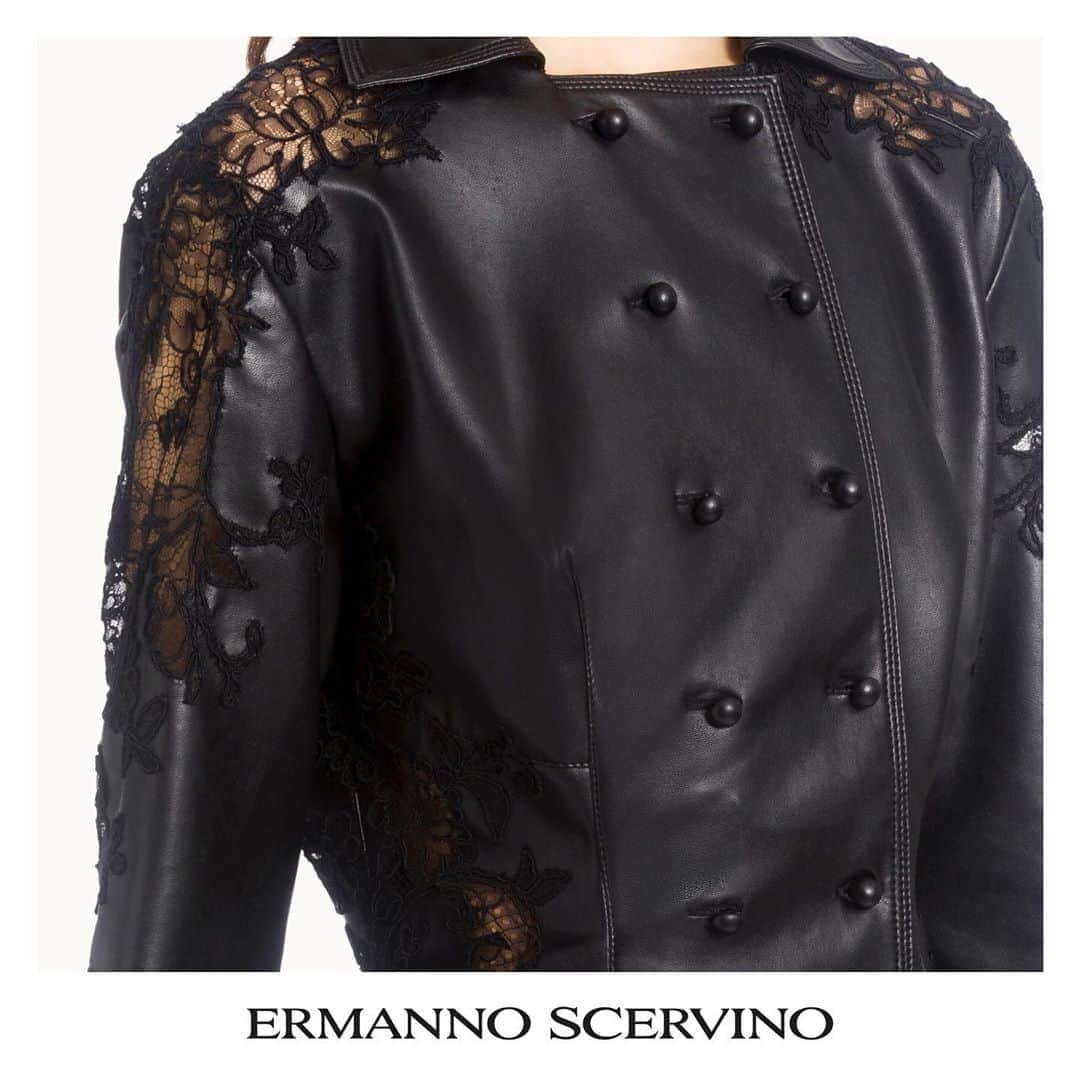エルマンノシェルヴィーノさんのインスタグラム写真 - (エルマンノシェルヴィーノInstagram)「Double-breasted black faux leather shirt with a tone-on-tone lace intarsia detailing for a romantic see-trough effect.  . . . #ErmannoScervino #Prefall20 #PrefallCollection」9月14日 22時11分 - ermannoscervino