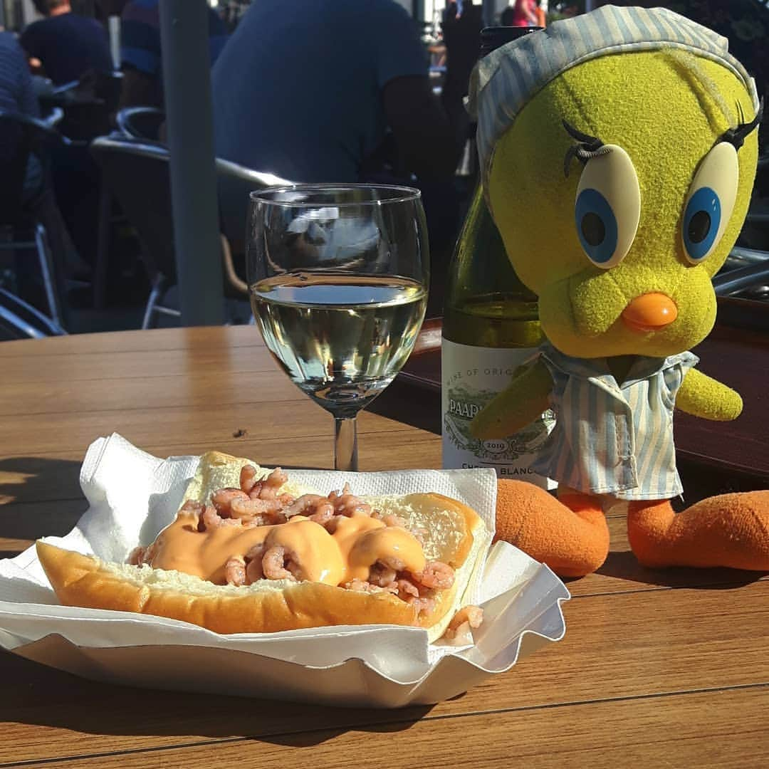 Little Yellow Birdさんのインスタグラム写真 - (Little Yellow BirdInstagram)「Today my holiday on Texel started, in the sun, with shrimp and a glass of wine...I can do this all day everyday!! #littleyellowbird #tweety #tweetykweelapis #adventures #yellow #bird #monday #thismondayisntsobad #texel #waddeneiland #wadden #northsea #shrimp #garnalen #lunch #sun #sunnyday #netherlands #vakantie #stuffedanimalsofinstagram #plushiesofinstagram」9月14日 23時05分 - tweetykweelapis