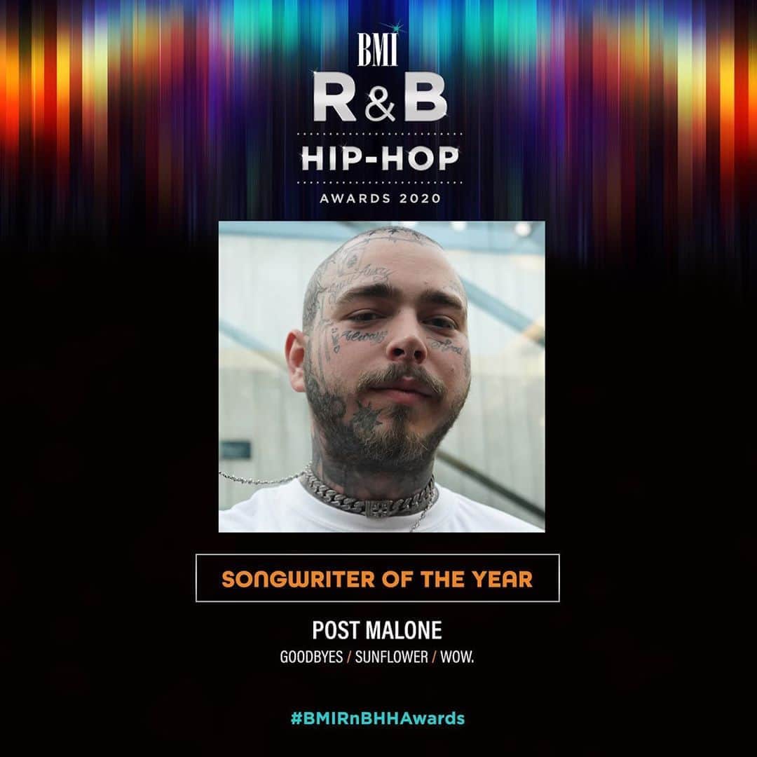 Broadcast Music, Inc.さんのインスタグラム写真 - (Broadcast Music, Inc.Instagram)「Congratulations to @postmalone for being our other #BMIRnBHHAwards Songwriter of the Year! It was another amazing year for him, co-writing iconic songs such as “Goodbyes,” “Sunflower,” and “Wow!” #posty #postmalone」9月14日 23時39分 - bmi