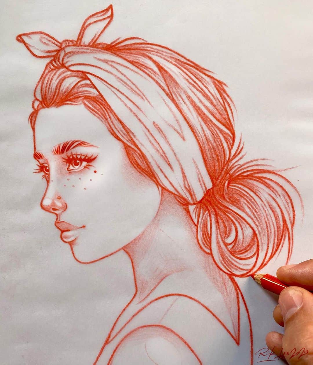 Rik Leeのインスタグラム：「Here’s a sketch I made recently for the wonderful women at Pink Collar Clothing, who celebrate hard working women worldwide.  . #riklee #illustration #art #sketch #tattoo #pinkcollar #bandana #pencildrawing」