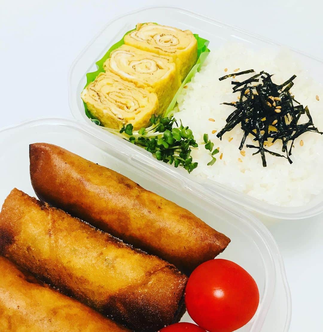 吉岡美穂のインスタグラム：「シンプル春巻き弁当🍙  お野菜少なめですが… 野菜は春巻きの具に入れました^ ^  大嫌いなキノコ🍄細かいみじん切りで原型ないので見つからないはず。  #春巻き弁当 #中学生タッパー弁当 #中学生弁当 #お弁当のおかず #きのこが見つかったら全部残してくるだろうな^ ^」