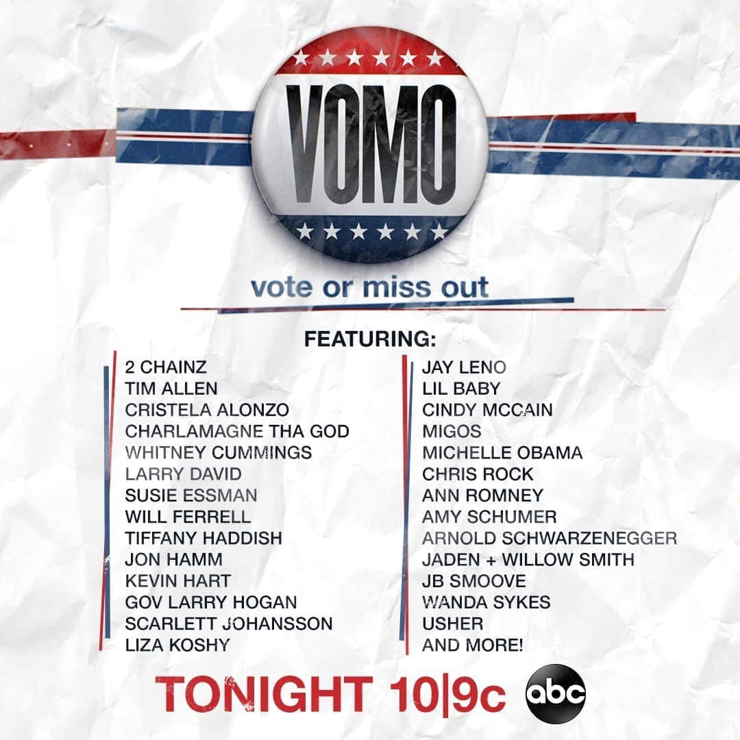 アメリカン・ブロードキャスティング・カンパニーのインスタグラム：「Tonight at 10|9c, don't miss this star-studded event from some of your favorites in comedy, music and politics! Who are you ready to see on #VOMO Vote or Miss Out tonight?」