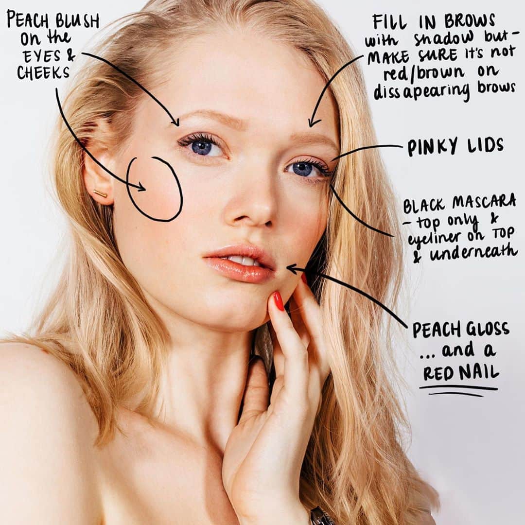 ボビー・ブラウンのインスタグラム：「Beauty School. I’ve never made or bought a red eyeshadow. It’s hard to pull off. Plus when I was a theatrical makeup artist in college, that is exactly what I used to make people look hungover. But here’s how to best pull off the look. Choose a color that isn’t too extreme to your skin color. Here I used a peach blush shade on cheeks and eyes. Usually that’s a good place to start to use your blush that you don’t have to blend. And because the black mascara is super dark and layered it stops the red color from making you look tired. Eyeliner also defines but thin so the statement is more about the lid. My favorite red nail @essie geranium which I think the color has shifted to a pinkish red and not as orange red that I loved. Model @betsyteske shot for @evolution_18 by @benritterphoto」