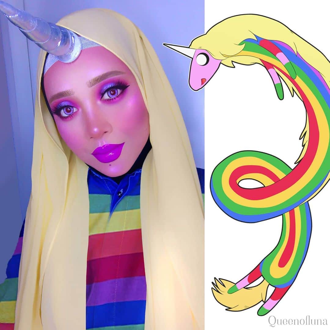 queenoflunaのインスタグラム：「Lady Rainicorn 🦄🌈 . You can tell I'm still not over this show yet. I miss Adventure Time so much. Who's your fav AT character? ⚔️ . . . #ladyrainicorn #adventuretime #adventuretimewithfinnandjake #adventuretimecosplay #halloween #halloweenmakeup #cosplay #cosplaymakeup #unicorn」