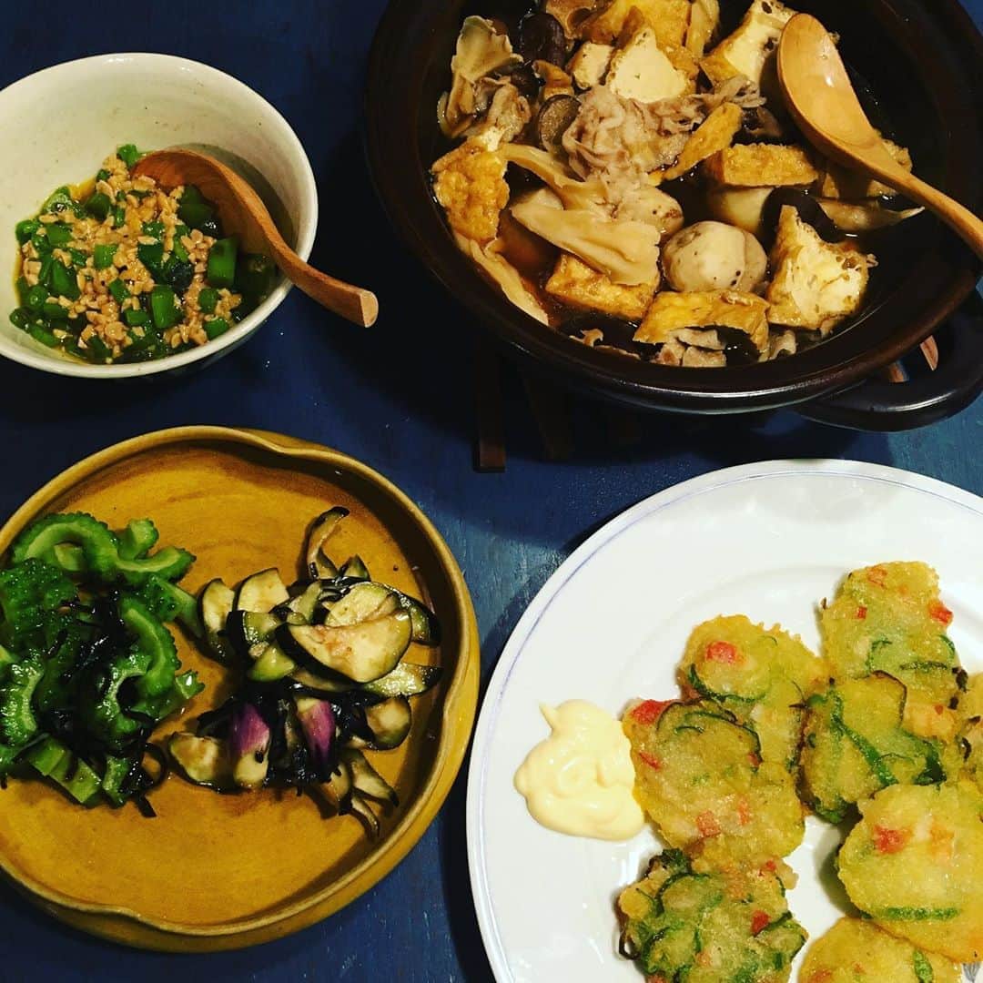 井上荒野のインスタグラム：「厚揚げ里芋キノコ豚肉煮物(残ってるもの全部入れた)、じゃがいもチヂミ、ツルムラサキと納豆、浅漬けはゴーヤと茄子。」