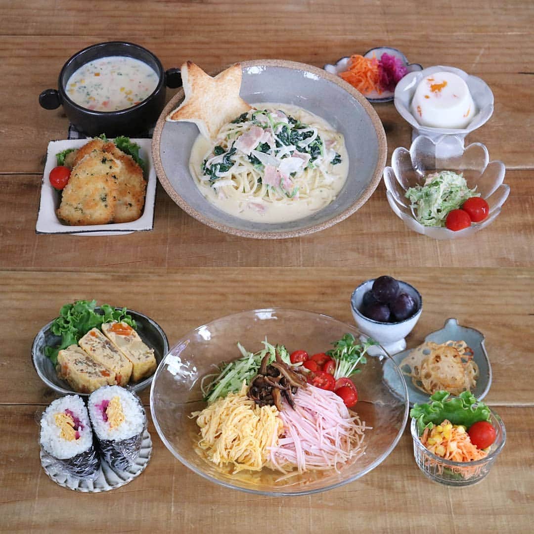 yunaのインスタグラム：「♩ . #まとめて投稿 #ひとりごはん . . 🍚ほうれん草とベーコンのクリームパスタ むね肉のチーズカツレツ コーンスープ ゴーヤとツナのマヨサラダ みかん牛乳寒天 . . 🍚具そうめん 玉子としば漬けのおにぎり 肉じゃが玉子焼き れんこんきんぴら ニンジンサラダ ぶどう🍇 . . #yunaご飯#lin_stagrammer#kurashiru#delistagrammer#Japanesefood#ロカリキッチン#デリスタグラマー#クッキングラム#クッキングラムアンバサダー#タベリー#フーディーテーブル#Kissカメラ#iegohanphoto#てづくりごはん365#おうちごはん#おうちごはんlover#ママリクッキング#マカロニメイト#おうちごはん通信#キッチングラム#おうちカフェ#夜ごはん#晩ごはん#dinner#小石原焼#上鶴窯#🍝」