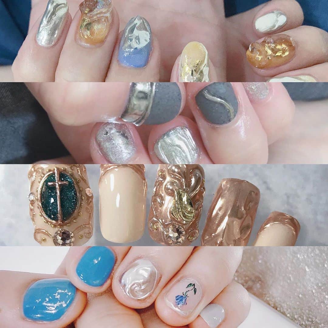 なかやまちえこのインスタグラム：「秋のmetallic nails💫⠀ ⠀ #nail #nails #nailart #ネイル #美甲 #ネイルアート  #japanesenailart #manucure #japanesenails #manicurist #gelnails #أظافر #네일아트 #미용 #vẽmóng #ngườiđẹp  #เพ้นท์เล็บ #искусствоногтя #artedeuñas #เพ้นท์เล็บเจล #ジェルネイルデザイン #ネイルデザイン #senikuku #nagelkunst  #ミラーネイル #mirrornails #メタリックネイル #metallicnails」