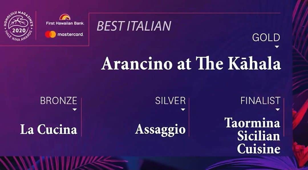 Arancino at The Kahalaのインスタグラム：「🏆🇮🇹 Aloha Hawaii ~ we miss you all!  We’d like to thank you Hawaii for voting us Best Italian in the 2020 #haleainaawards!  Congratulations to all of the restaurants - so many great spots!  Although we remain closed at this time, thank you so much for all of your support. We look forward to seeing all of you again soon! Grazie mille! 🇮🇹❤️🤙🏾」