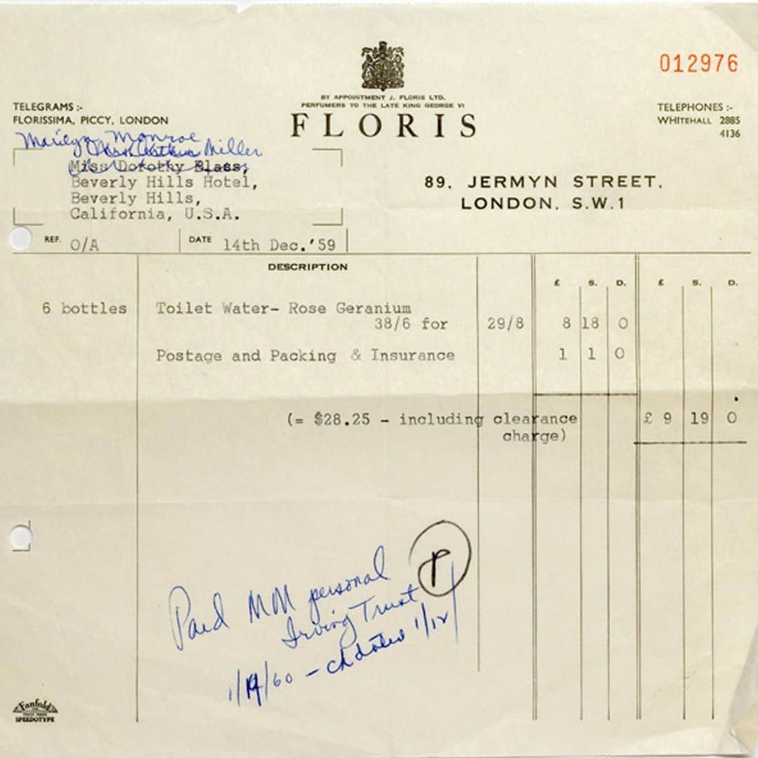 のインスタグラム：「A receipt in our collection dated December 1959 shows a purchase of Rose Geranium made for Marilyn Monroe Miller while she stayed at Beverly Hills Hotel, California. You can still purchase our Rose Geranium Eau de Parfum from our Ledger Series, exclusively sold in our shop at 89 Jermyn Street. ⠀ ⠀ #FlorisLondon  #Icons #290Years #RoseGeranium #EaudeToilette #MarilynMonroe #BritishPerfumery #BritishCraftsmanship #FamilyPerfumers #Perfumery #LuxuryFragrance #RoyalWarrant」