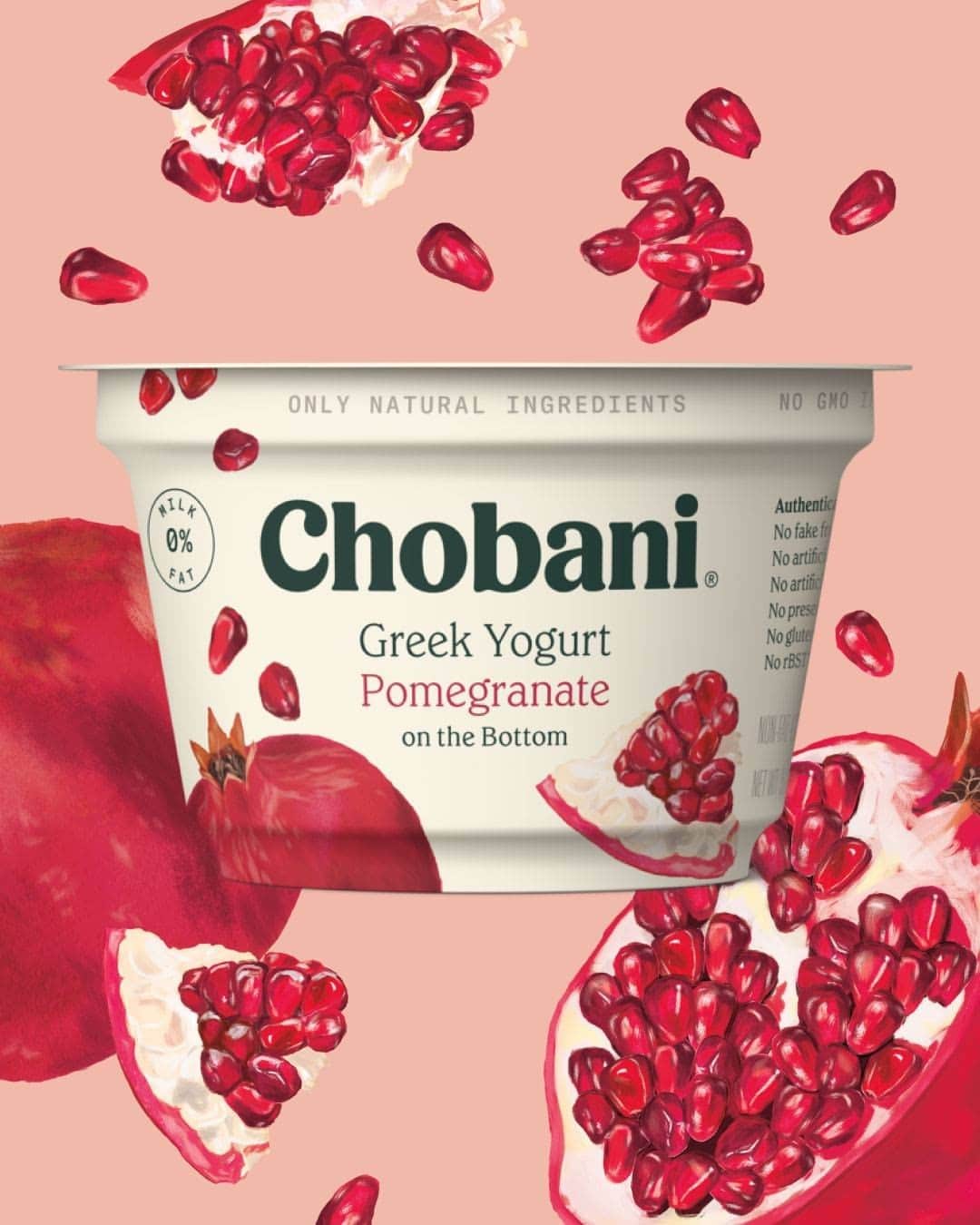 Chobaniのインスタグラム：「Juicy little jewels tucked away like treasures hidden beneath creamy Greek Yogurt. Stir up our Pomegranate on the Bottom and spoon out a bounty of ruby-red fruit. 🥄」