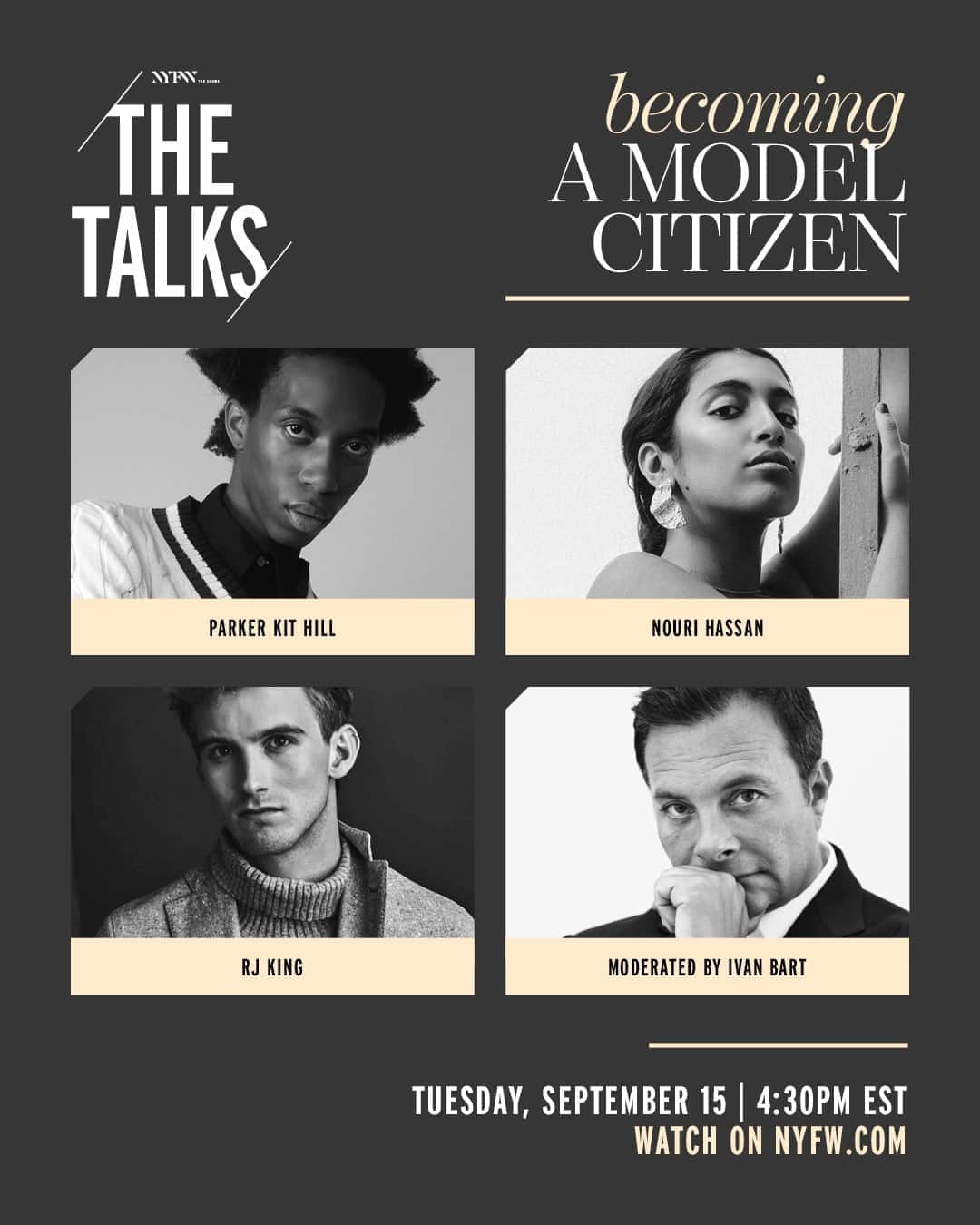 Fashion Weekのインスタグラム：「Up next at #NYFW: The Shows on NYFW.com: @parkerkithill, @hey.nouri and @rjking3 in conversation on leveraging your platform to enact positive social change, moderated by IMG Models’ @ivanmbart」
