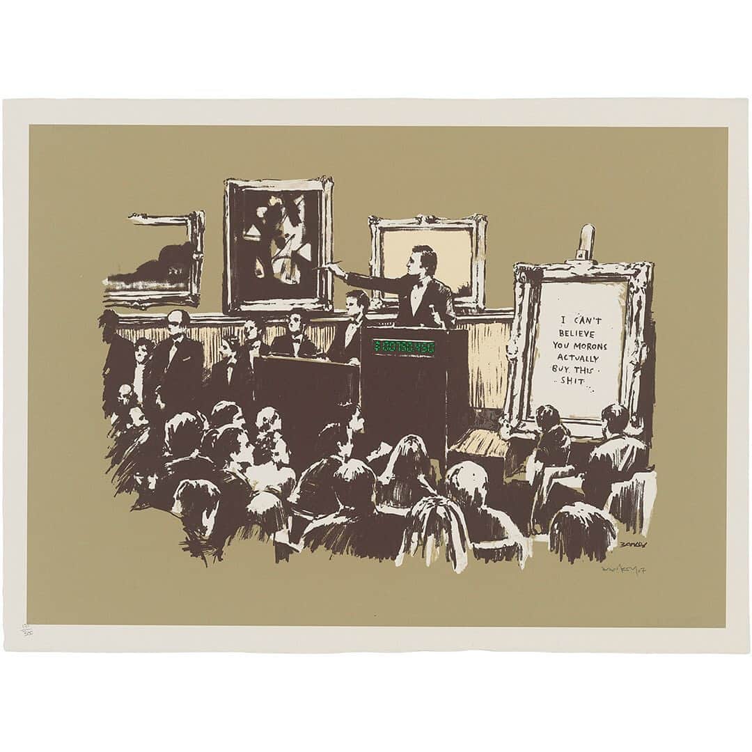 クリスティーズさんのインスタグラム写真 - (クリスティーズInstagram)「Can you spot the differences? 👀⠀ .⠀ Our auction 'Banksy: I can't believe you morons actually buy this sh*t' features over twenty editions by the anonymous and notorious street-artist Banksy. The sale is cheekily titled in homage to the artist's Morons screenprint, of which there are 3 variations in the sale.⠀ .⠀ The source image of this work is a photograph of the record-breaking sale of Vincent van Gogh's Sunflowers at Christie's in 1987, with van Gogh's canvas replaced by Banksy's text. See if you can spot the differences!⠀ .⠀ 1. Banksy (B. 1974), 'Morons (LA Edition)', 2006-2007. Estimate : £10,000 -15,000.⠀ ⠀ 2. Banksy (B. 1974), 'Morons (Sepia)', 2007. Estimate : £20,000 -30,000.⠀ ⠀ 3. Banksy (B. 1974), 'Morons (White)', 2007. Estimate : £10,000 -15,000.⠀ .⠀ Banksy: I can't believe you morons actually buy this sh*t — 10-23 September, online.⠀ .⠀ #banksy #editions #streetart #streetartist #spotthedifference #artprints #printmaking」9月16日 0時30分 - christiesinc