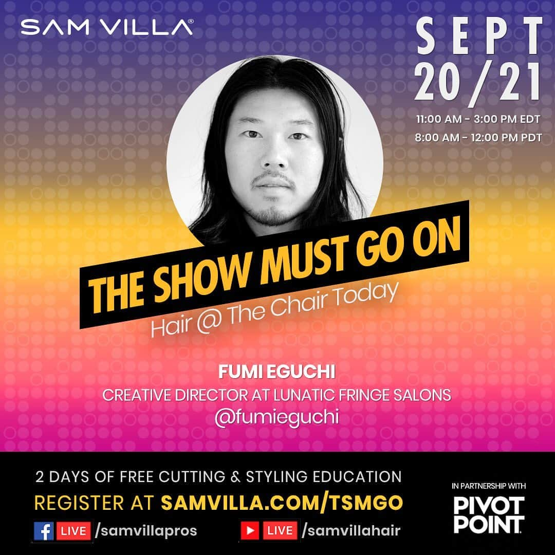 Sam Villaさんのインスタグラム写真 - (Sam VillaInstagram)「Register for this FREE LIVE education event and be entered to win a FREE Signature Series 7" Dry Cutting Shear and a Signature Series Reversible Blending Shear! (link in bio).⠀ ⠀ The Show Must Go On: Hair At The Chair Today. Today's clientele is much more savvy to trends and developments in the #hair industry than ever before. So, we must stay fresh and ahead of the curve with our techniques and creativity to maintain loyalty and trust from our #salon guests.⠀ ⠀ Expand your skillset and vision on all levels with 2 days of #motivation and #education from #SamVilla, the #SamVilla ArTeam @andrew.carruthers , @jesse.linares, @annas_hair_retreat and our Special Guests @fumieguchi and @hueshoot.⠀ ⠀ ⠀ #saloneducation #salonprofessional #hairsalon #hairstylist #theshowmustgoon #tsmgo」9月16日 0時43分 - samvillahair