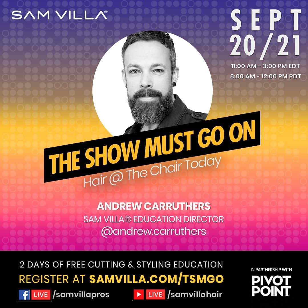 Sam Villaさんのインスタグラム写真 - (Sam VillaInstagram)「Register for this FREE LIVE education event and be entered to win a FREE Signature Series 7" Dry Cutting Shear and a Signature Series Reversible Blending Shear! (link in bio).⠀ ⠀ The Show Must Go On: Hair At The Chair Today. Today's clientele is much more savvy to trends and developments in the #hair industry than ever before. So, we must stay fresh and ahead of the curve with our techniques and creativity to maintain loyalty and trust from our #salon guests.⠀ ⠀ Expand your skillset and vision on all levels with 2 days of #motivation and #education from #SamVilla, the #SamVilla ArTeam @andrew.carruthers , @jesse.linares, @annas_hair_retreat and our Special Guests @fumieguchi and @hueshoot.⠀ ⠀ ⠀ #saloneducation #salonprofessional #hairsalon #hairstylist #theshowmustgoon #tsmgo」9月16日 0時43分 - samvillahair