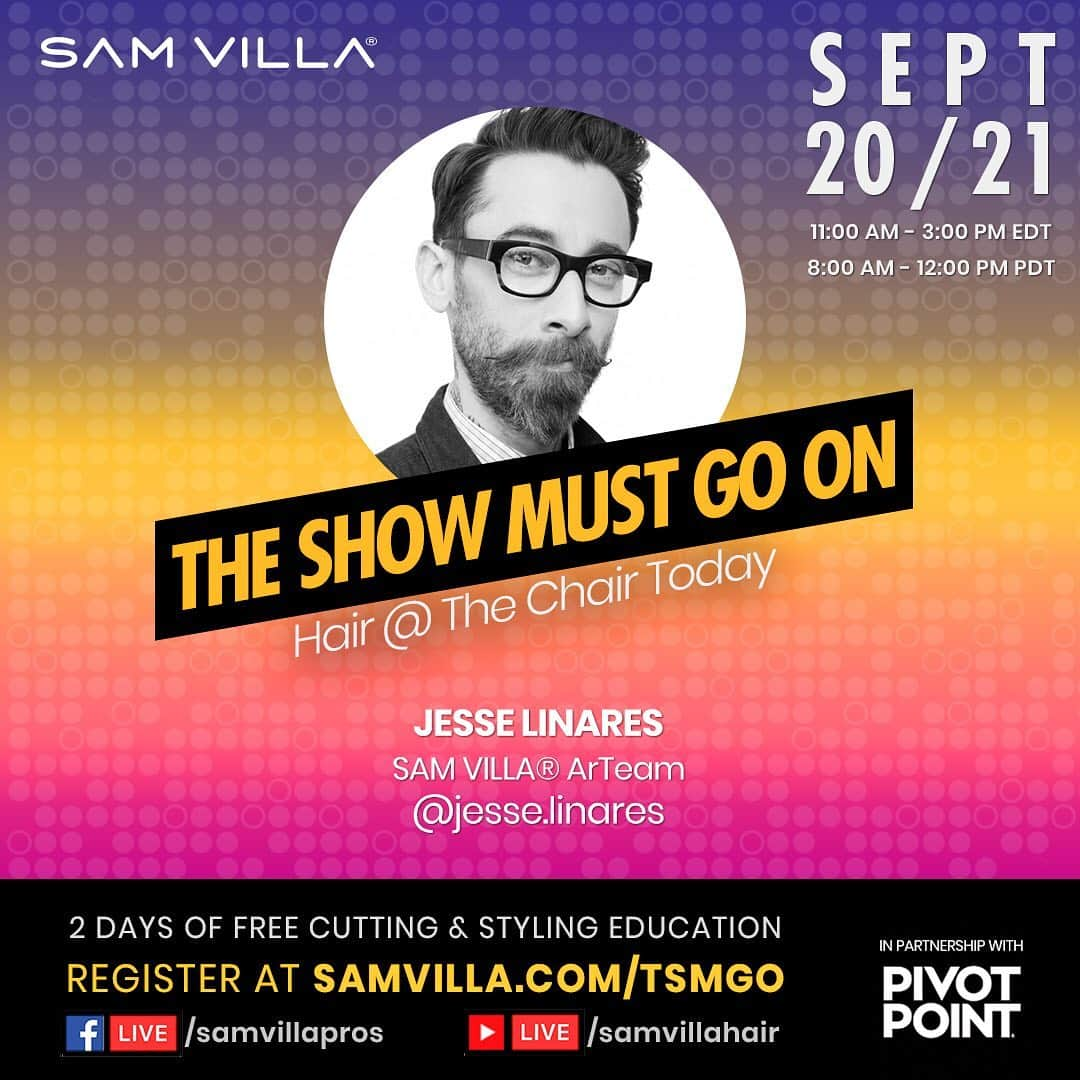 Sam Villaさんのインスタグラム写真 - (Sam VillaInstagram)「Register for this FREE LIVE education event and be entered to win a FREE Signature Series 7" Dry Cutting Shear and a Signature Series Reversible Blending Shear! (link in bio).⠀ ⠀ The Show Must Go On: Hair At The Chair Today. Today's clientele is much more savvy to trends and developments in the #hair industry than ever before. So, we must stay fresh and ahead of the curve with our techniques and creativity to maintain loyalty and trust from our #salon guests.⠀ ⠀ Expand your skillset and vision on all levels with 2 days of #motivation and #education from #SamVilla, the #SamVilla ArTeam @andrew.carruthers , @jesse.linares, @annas_hair_retreat and our Special Guests @fumieguchi and @hueshoot.⠀ ⠀ ⠀ #saloneducation #salonprofessional #hairsalon #hairstylist #theshowmustgoon #tsmgo」9月16日 0時43分 - samvillahair