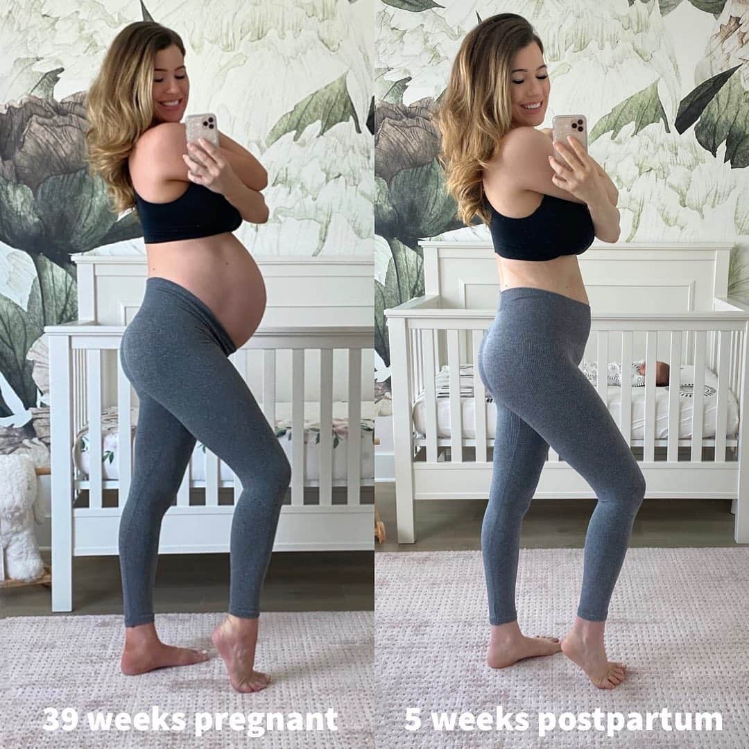 アンナ・ニコル・スミスさんのインスタグラム写真 - (アンナ・ニコル・スミスInstagram)「39 weeks pregnant vs 5 weeks postpartum ❤️ . I have such mixed feelings on sharing my postpartum body. On one hand, I want to show where I’m at for transparency, in hopes it might help some, and simply because I’ve been sharing my journey with you girls for years now. But on the other hand, I worry it will cause others to compare their postpartum body to mine. Which is why I don’t want to only post this picture, with high waisted pants that are sucking me in, and wanted to also share the video. (swipe left 😌) . I have no interest in “bouncing back” and I feel no pressure to do so. But you girls know me 😝 you know I’m going to be eventually getting back to working out and I’m so excited to! NOT because I’m chasing any physical changes (of course if they happen, cool! But they’re not the focus) but because I can’t wait to get back to feeling strong, energized, and empowered from my workouts. ALSO because the back pain from holding a baby all day is REAL 😅 . So this is where I’m at. Next week I will be (hopefully!) cleared to slowly start working out and re-building strength in my core. I accidentally sat back in a way the other day where I had to catch myself and use my core and holy moly... that hurt 😓 I didn’t realize how weak my core was and how it’s clearly still healing from the C-Section. So it will be a slow process. And of course I’ll share the whole journey here with you girls ☺️ any tips on C-Section recovery are always welcome!! #fbggirls #fbgmoms #postpartum www.annavictoria.com/fitbodyapp」9月16日 0時48分 - annavictoria