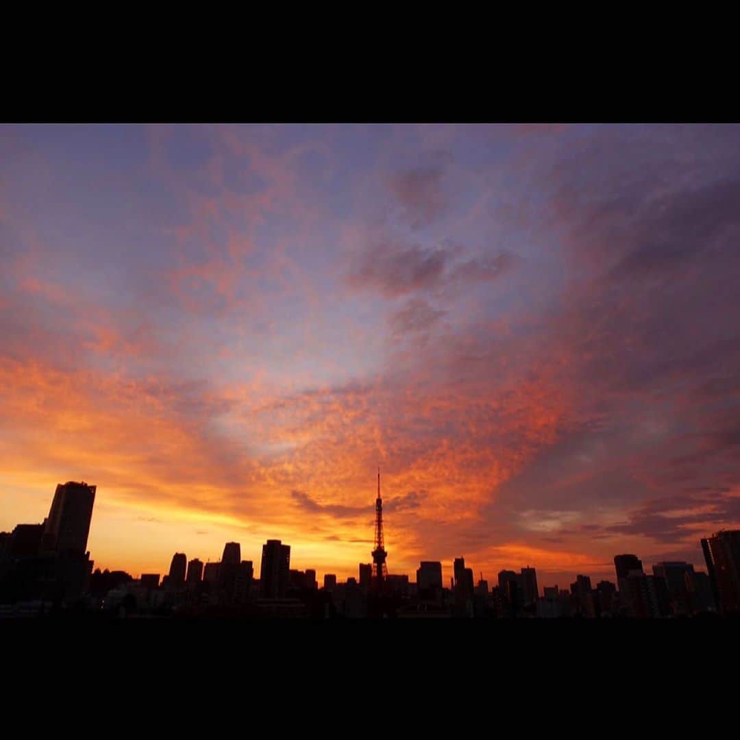 片岡信和のインスタグラム：「圧倒的な夜明けだった ・ #マジックアワー #ブルーモーメント #夜明け #朝焼け #東京タワー #tokyo #sky #twilight #dawn」