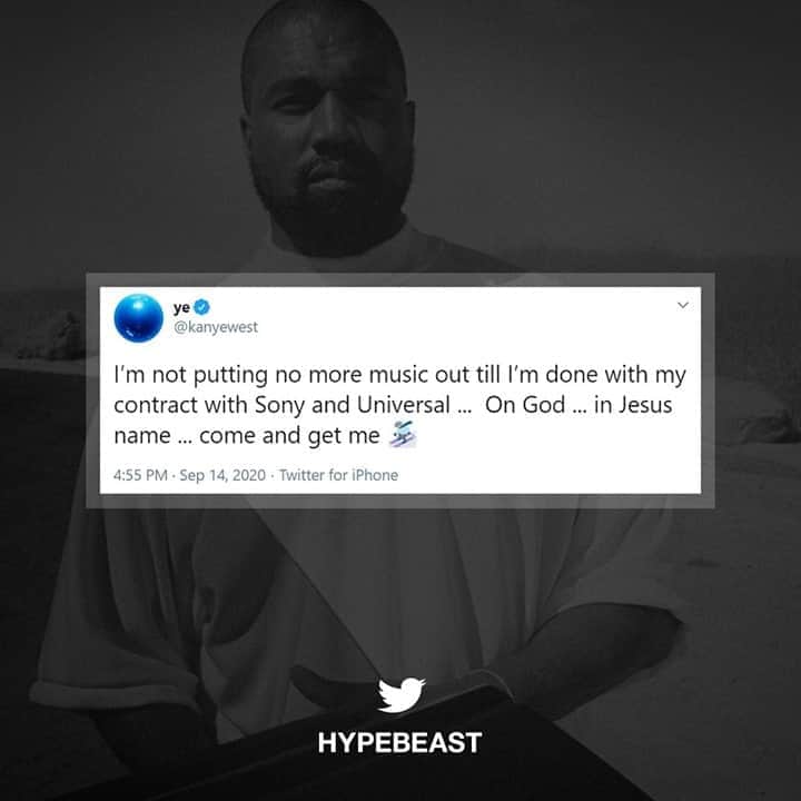 のインスタグラム：「@hypebeastmusic: Kanye West took to Twitter to announce that he won’t release any new music until he is released from his contract with Universal Music Group and publisher Sony/ATV Music Publishing. The rapper stated: “I’m not putting no more music out till I’m done with my contract with Sony and Universal.” His new project, 'DONDA', was originally slated to release on July 24 but was then subject to multiple delays including deleted tracklists and album artwork premieres. ⁠ Photo: @fuckatnames」