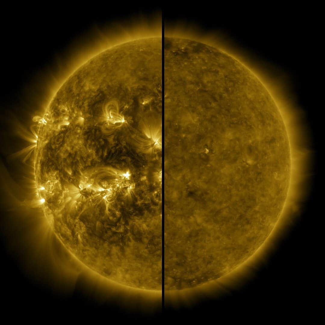 NASAさんのインスタグラム写真 - (NASAInstagram)「🌞 It’s the circus of the Sun.⁣⁣ ⁣⁣ Today, scientists confirmed that a new solar cycle is underway, meaning that we expect solar activity start to ramp up over the next several years.⁣⁣ ⁣⁣ As this split image shows, our Sun goes through natural cycles. During solar maximum (left), it's freckled with sunspots, and its magnetic field, which drives solar activity, is taut and tangled. During solar minimum (right), sunspots are few and far between, and the Sun’s magnetic field is ordered and relaxed.⁣⁣ ⁣⁣ Understanding the Sun’s behavior is an important part of life in our solar system. The Sun's powerful outbursts can disturb the satellites and communications signals traveling around Earth, or one day, Artemis astronauts exploring distant worlds. NASA and National Oceanic and Atmospheric Administration (@noaa) scientists study the solar cycle so we can better predict solar activity.⁣⁣ ⁣ Credit: NASA/SDO⁣ ⁣⁣ #NASA #Sun #Heliophysics #Solar #Sunspots #SpaceWeather」9月16日 7時07分 - nasa