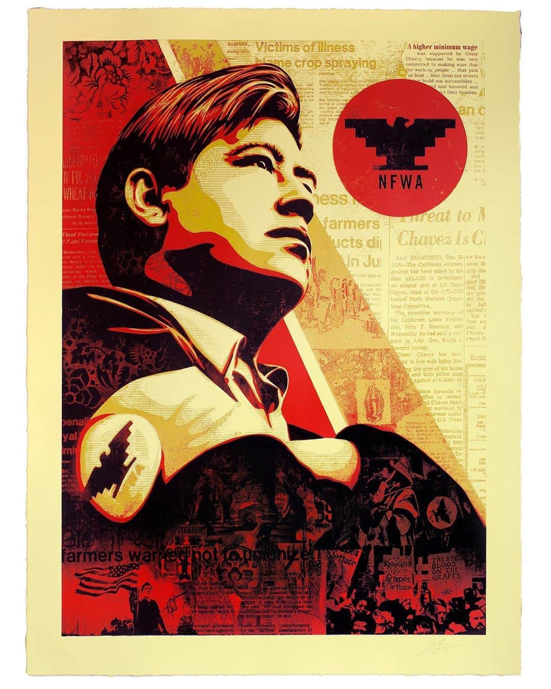 Shepard Faireyのインスタグラム：「In honor of #HispanicHeritageMonth, I’d like to spotlight this image of Cesar Chavez that I created in collaboration with Jim Marshall's estate for my project, "American Civics" in 2016. Jim Marshall's original photo was taken at the California State Capitol in Sacramento after Cesar Chavez completed his 300-mile march in support of farmworkers' rights. Jim captured Chavez in a pose that suggests the vision and leadership that he truly embodied.  I believe in what Chavez stood for as an activist and civil rights leader. He fought for the rights of people doing some of the most difficult work for some of the lowest wages so they could unionize and advocate for themselves to earn a dignified wage. In my art piece, I included articles that reflected the struggles of people who are on the lowest rung of the economic ladder. Chavez fought to increase the minimum wage for these people, and that battle continues today.  Limited edition, large-format prints of “Workers’ Rights” are currently available at @subliminalprojects’ "KNOWLEDGE + ACTION= POWER", the digital exhibition on @artsy. A portion of proceeds from the sales of all the works in this show will go to @eji_org and @blackartistfund. Check it out through the link in bio. Thanks for caring! – Shepard」
