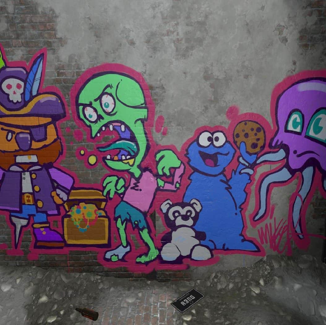 マイク・シノダのインスタグラム：「Painted some weird characters in a bunker today. Thanks for the suggestions #kingspray @twitch @amazonmusic」