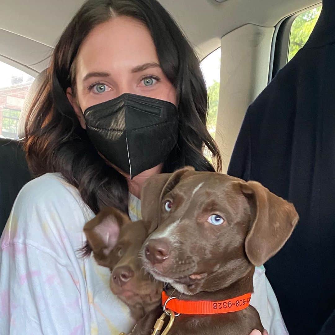ボビー・ブラウンのインスタグラム：「When your model has competing eyes with your puppy @carjade33 #sundae #pippa #n95facemask」