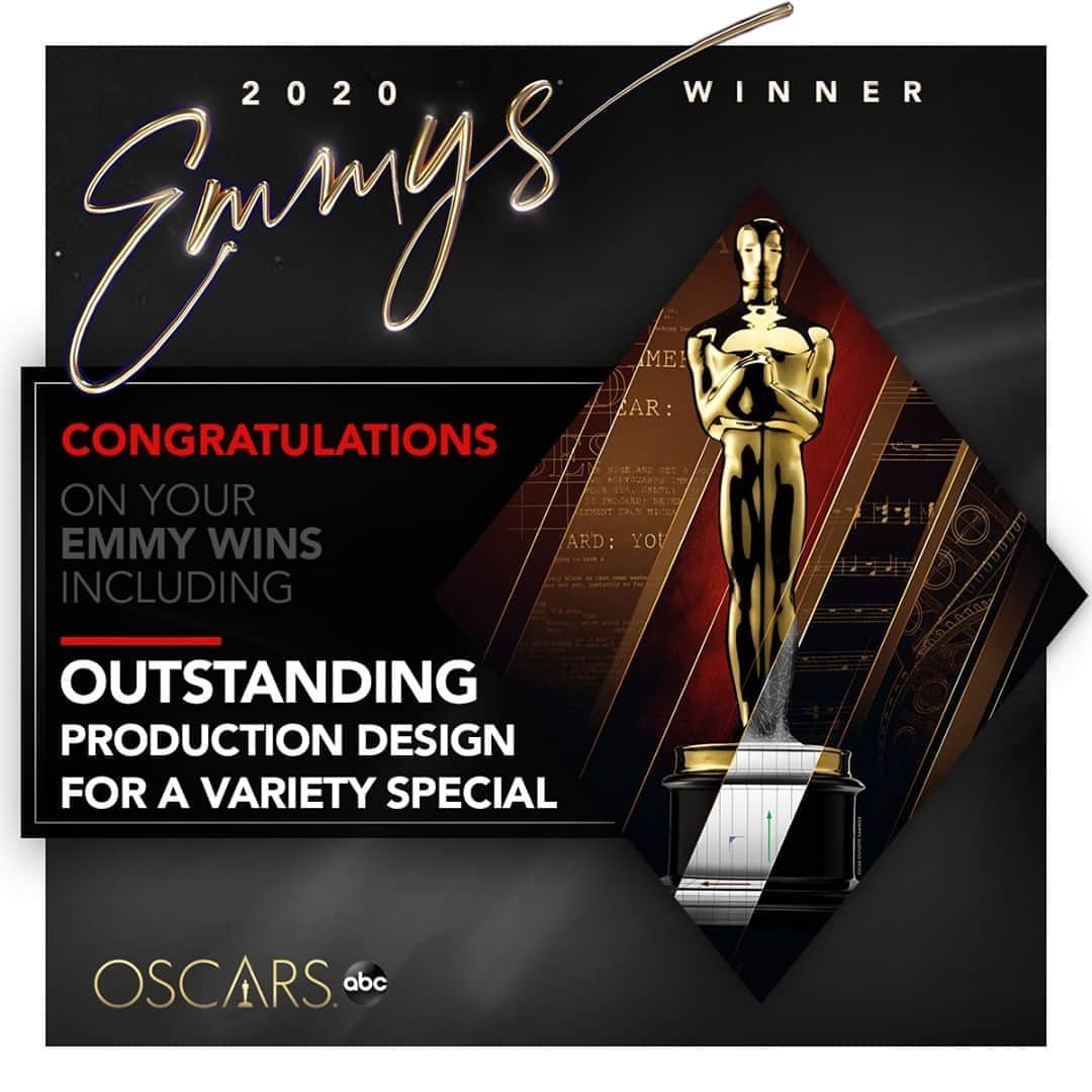 アメリカン・ブロードキャスティング・カンパニーのインスタグラム：「Congratulations to the #Oscars for their #Emmy wins for Outstanding Production Design for a Variety Special and Outstanding Sound Mixing for a Variety Series or Special! 🎉 ✨」