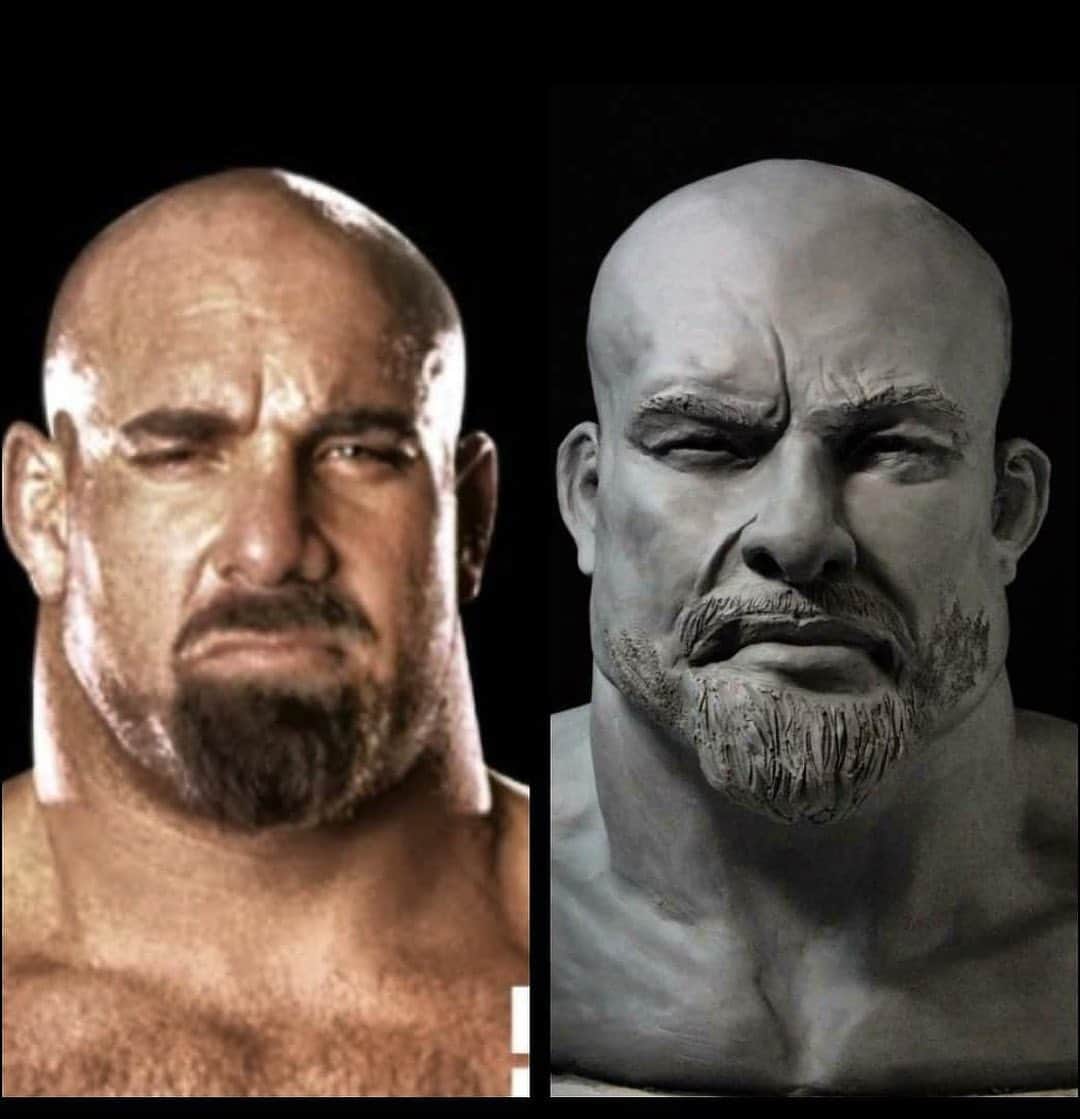ビル・ゴールドバーグのインスタグラム：「Honored to have my buddy @rodrigoartilheiro1 take a shot at immortalizing my dome! 😬 #artist #verytalented #reinventyourself #combat #mma #judo #kravmaga #sculpture 👊👏🙏🏻 @goldbergsgarage @wwe」