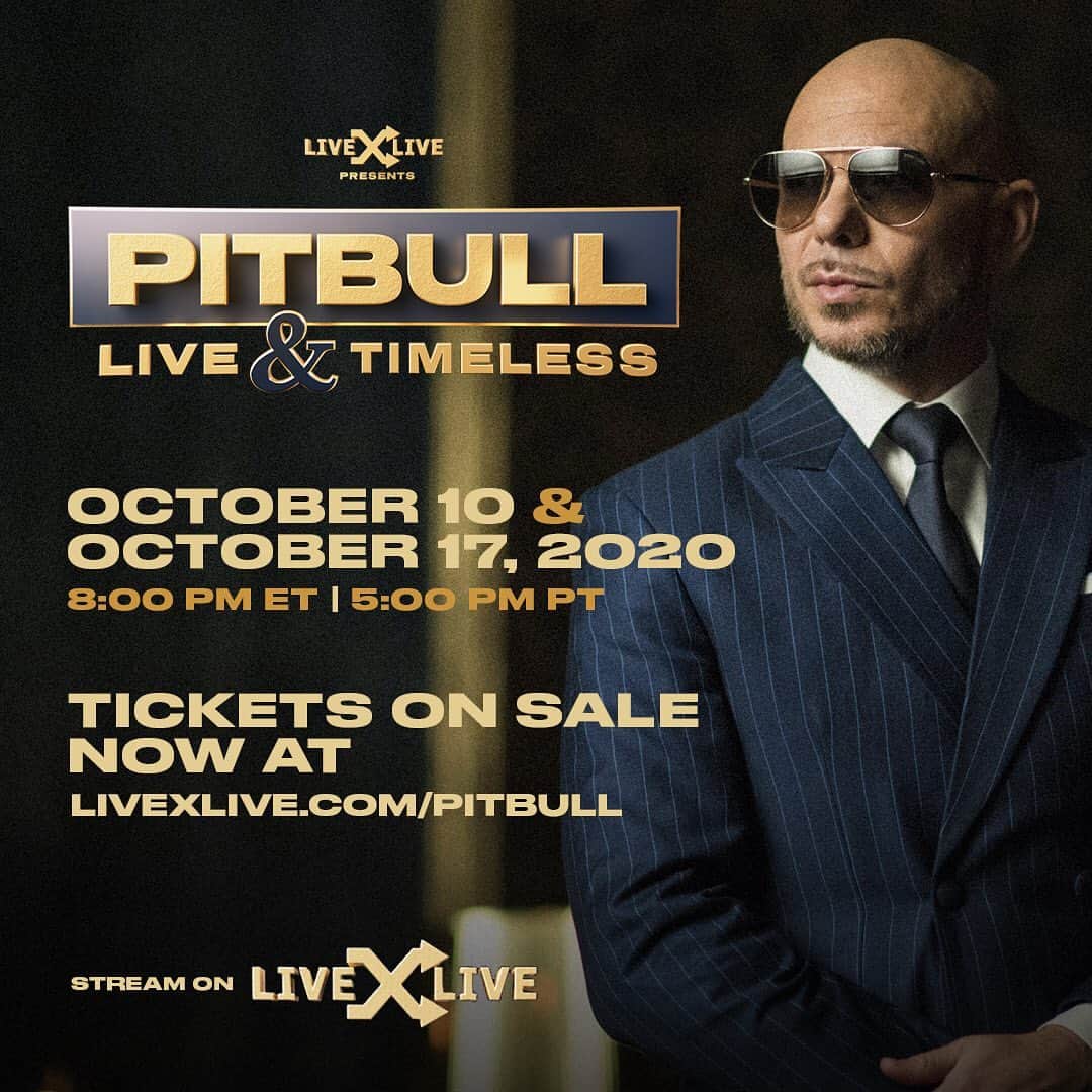 ピットブルのインスタグラム：「Pitbull Live & Timeless: The first-ever global livestreaming event by yours truly featuring 2 new live never-before-seen shows on 10/10 & 10/17.  Tickets are available today at LiveXLive.com/Pitbull (link in story) @livexlive @themostbadones @theagents #PitbullLiveAndTimeless」
