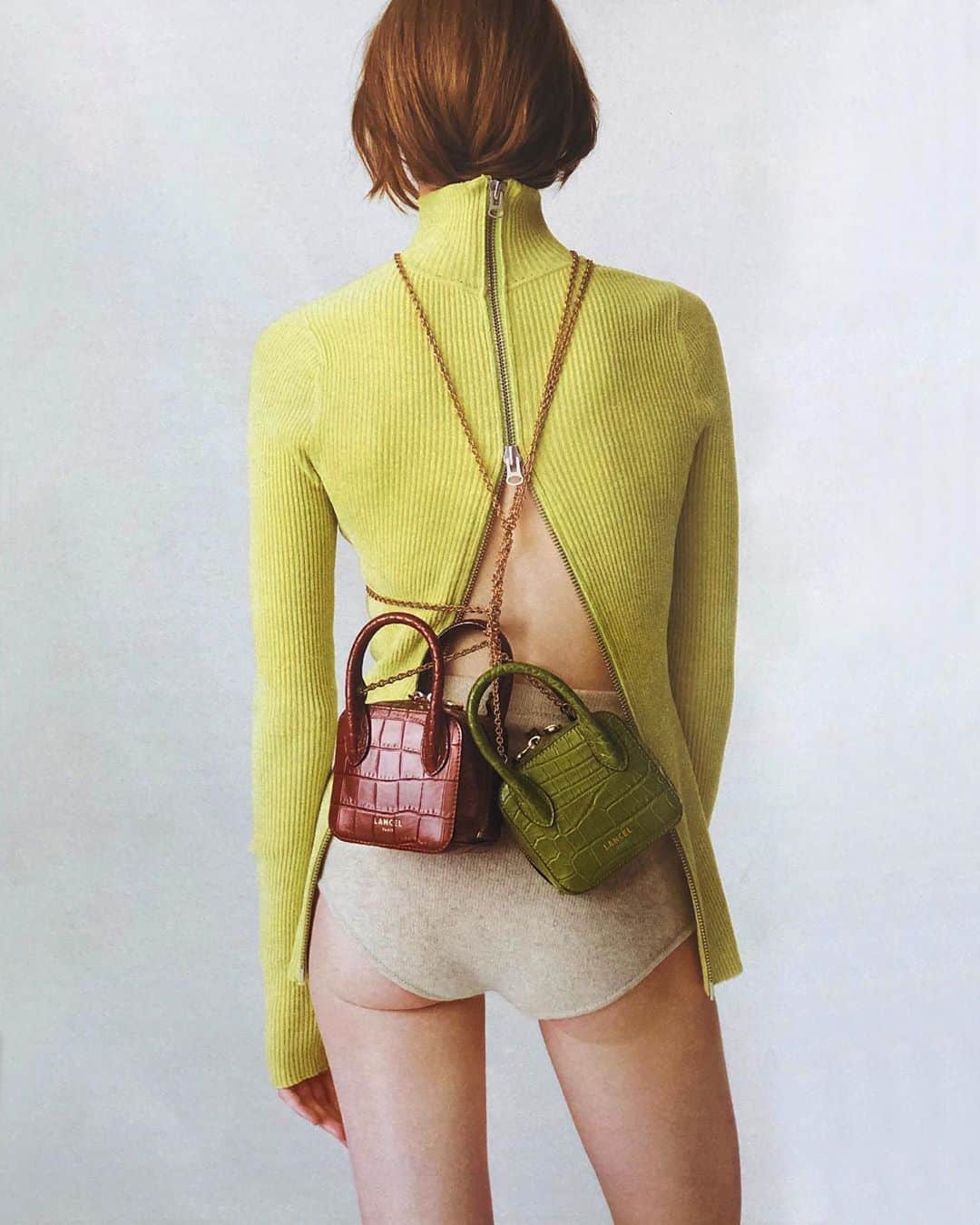のインスタグラム：「Spotted! Our mini Alice bags in @ellefr 💚 Alice – Shiny croco style leather – Chestnut and olive green Alice – Cuir façon croco brillant – Châtaigne et vert olive #AliceByLancel #FW20 #Lancel」