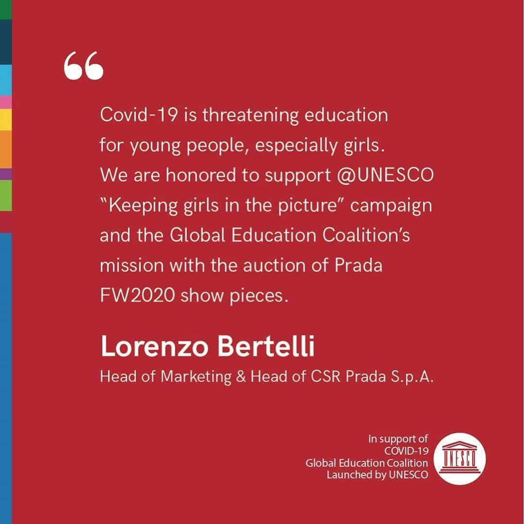 プラダさんのインスタグラム写真 - (プラダInstagram)「Prada supports the «Keeping girls in the picture» campaign by @unesco ’s Global Education Coalition with proceeds from the online auction of original pieces from #PradaFW20 fashion shows, in collaboration with @sothebys , starting from October 2nd. When a girl’s education is cut short, the impact on communities lasts for generations. Let’s make sure #LearningNeverStops for every girl throughout the #COVID19 crisis. Take action now. Join our campaign. Discover more via link in bio」9月16日 17時16分 - prada