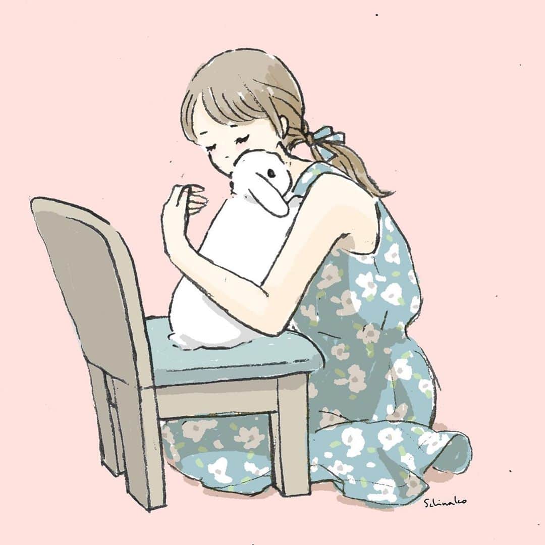 森山標子(しなこ)/Schinakoのインスタグラム：「Bunny heals a human💖 おつかれさま * #illustration#art#drawing#design#acrylicpaint#アクリル絵の具#rabbit#bunny#うさぎ」
