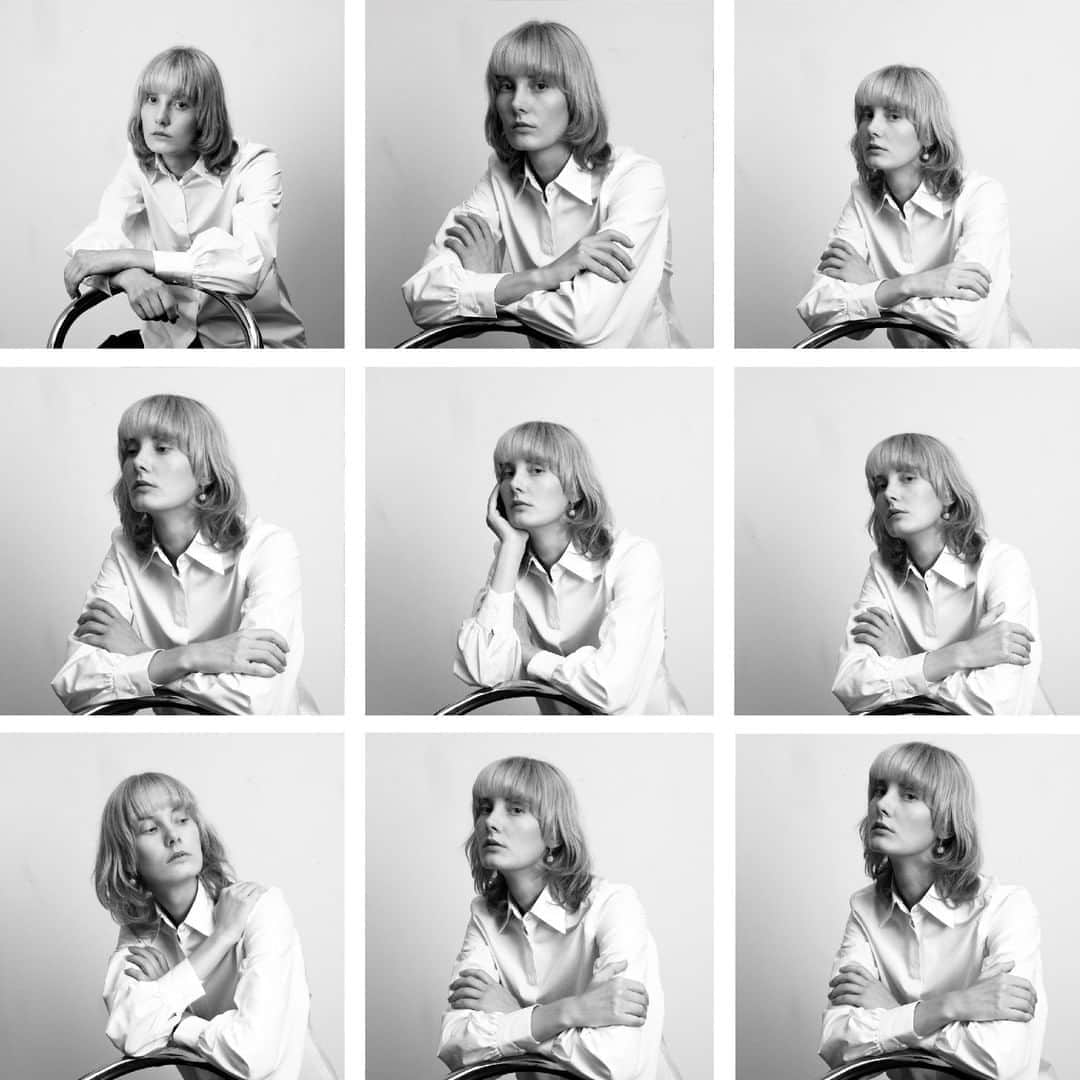 ミラショーンのインスタグラム：「Poses. Mechanical Reproduction ⠀  ⠀ ⠀⠀ #milaschon #blackandwhiteportrait #bwportrait #blackandwhite_art #bnwportraits #portraitlove #blackwhitephotography」