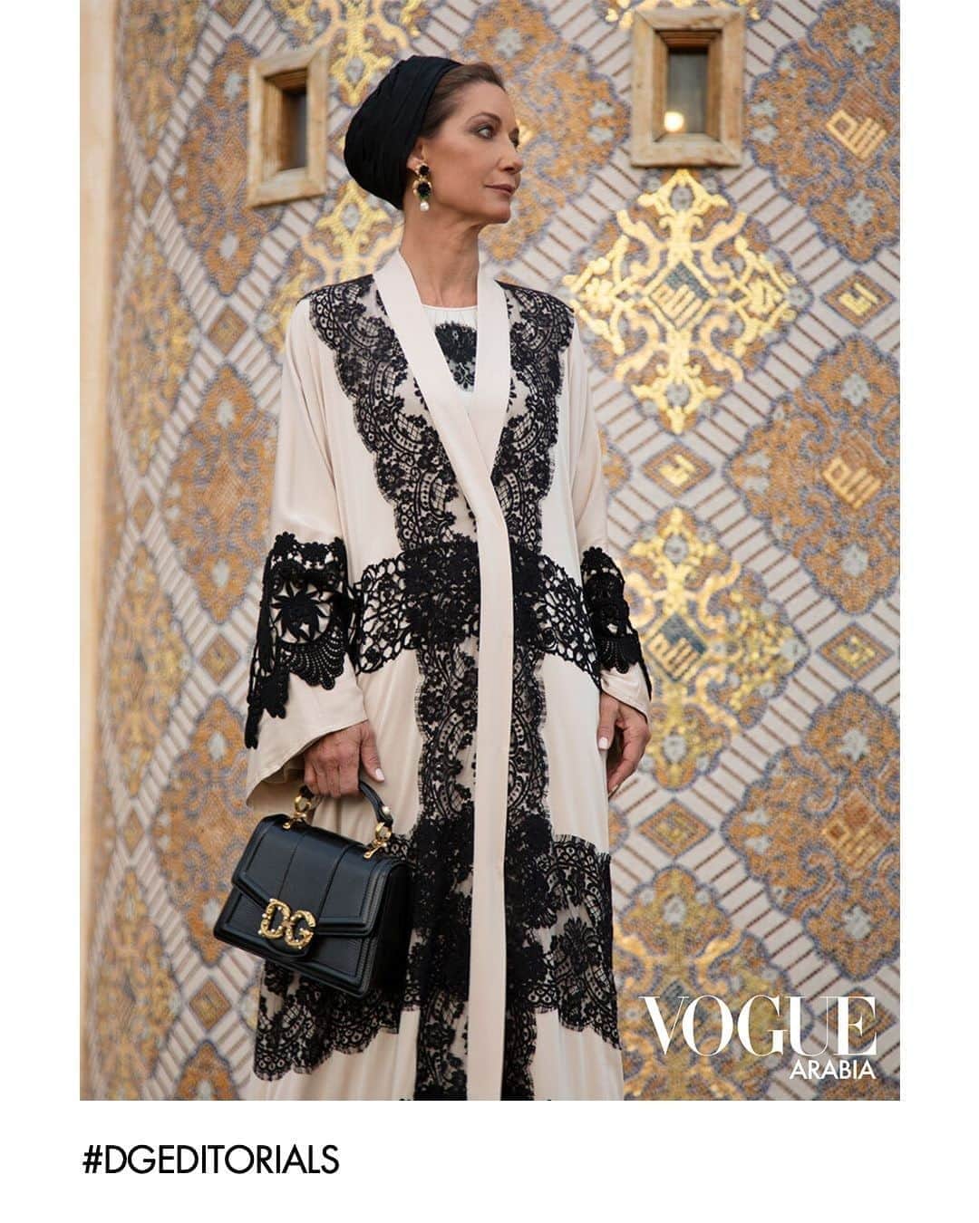 のインスタグラム：「@iammarpessa wears #DolceGabbana looks in @voguearabia.   The first look includes a cream stretch charmeuse robe with black contrast lace encrustations and a black #DGGirls bag.   The second look features a button-down long-sleeved shirt and waist pants and jacquard mules embellished with a bow.   The third look is made up of an organza dress embroidered with Lurex soutache, crystals, sequin spheres and silk tulle.   #DGEditorials #DGCelebs」