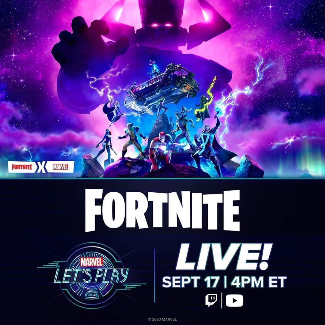 Marvel Entertainmentさんのインスタグラム写真 - (Marvel EntertainmentInstagram)「It's a quest to stop Galactus! 💥 Join us in the #FortniteNexusWar tomorrow at 4PM ET on our YouTube and Twitch channels.」9月17日 8時45分 - marvel