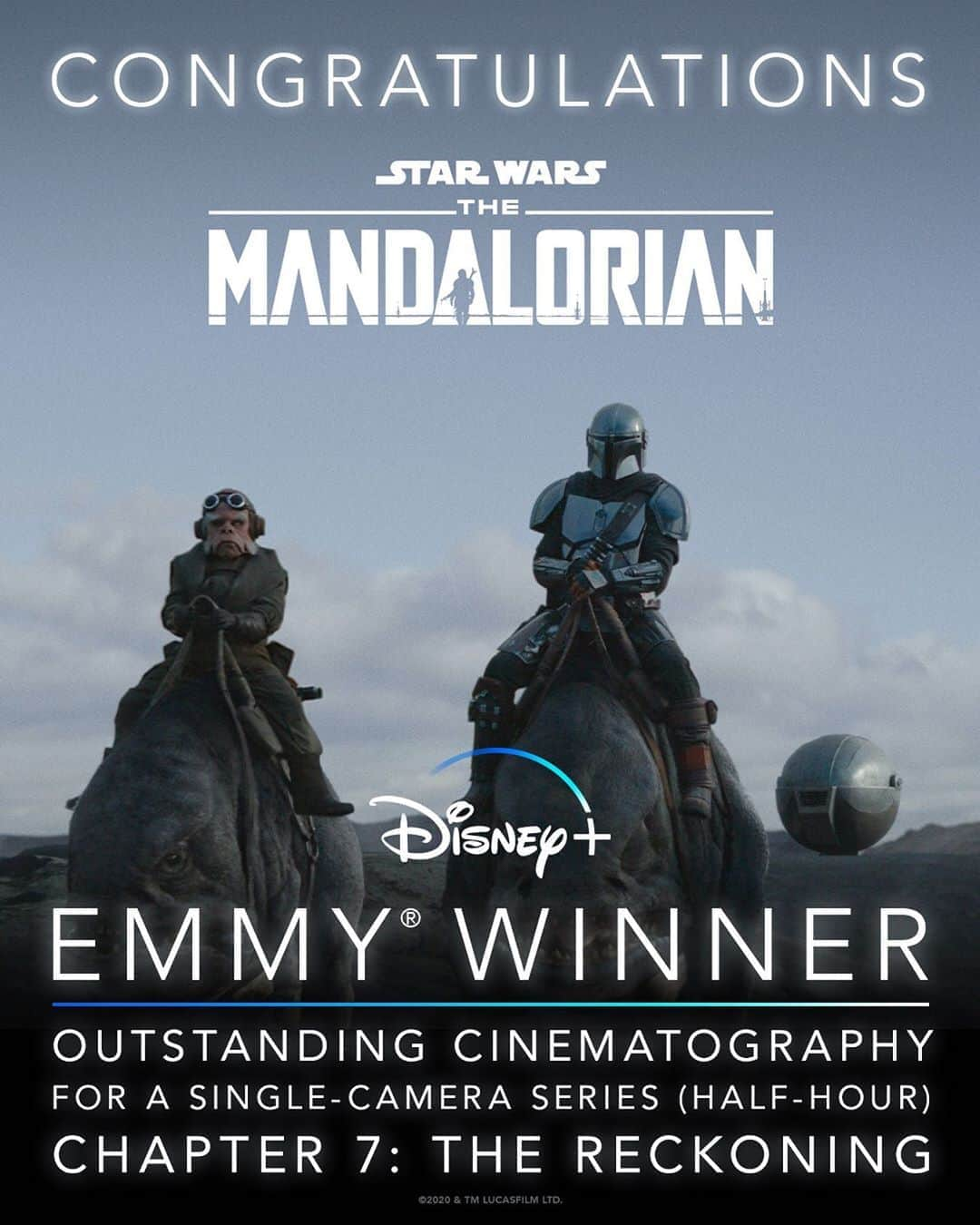 スター・ウォーズさんのインスタグラム写真 - (スター・ウォーズInstagram)「Congratulations to #TheMandalorian creative team on their Emmy® win for Outstanding Cinematography for a Single-Camera Series (Half Hour). #Emmys2020」9月17日 9時12分 - starwars