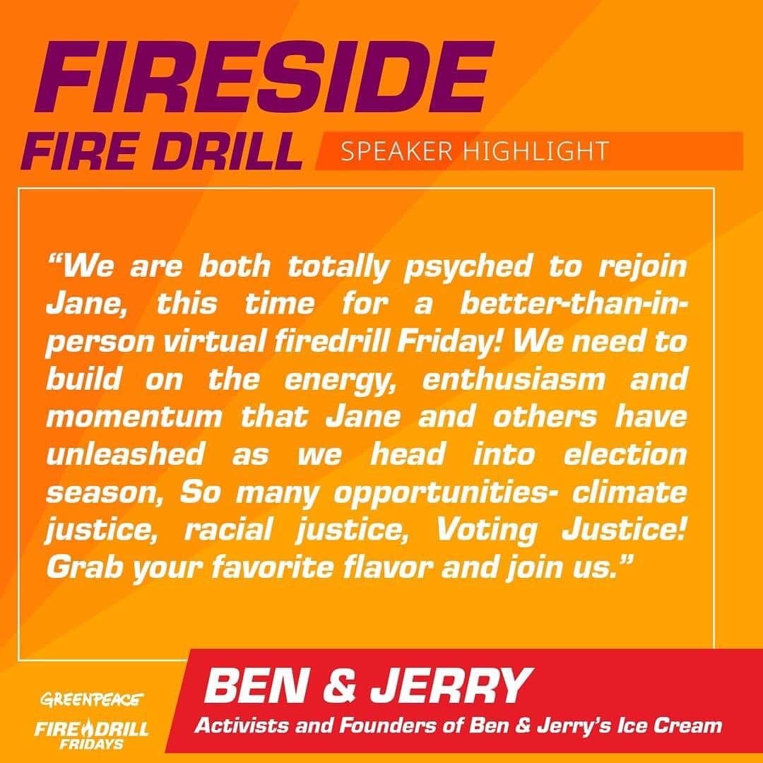 ジェーン・フォンダさんのインスタグラム写真 - (ジェーン・フォンダInstagram)「Repost from @firedrillfriday • Ever wondered what a Fire Drill Fridays ice cream flavor would look like? 🍦 We may find out on this week's Fireside Fire Drill with @JaneFonda and @@benandjerrys! ⠀⠀⠀⠀⠀⠀⠀⠀⠀ Grab your favorite ice cream flavor and join us to talk about climate justice and more! RSVP at the link in our bio!」9月17日 9時26分 - janefonda