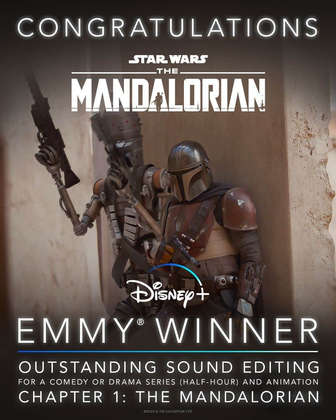 スター・ウォーズさんのインスタグラム写真 - (スター・ウォーズInstagram)「Congratulations to #TheMandalorian creative team on their Emmy® win for Outstanding Sound Editing for a Comedy or Drama Series (Half-Hour) and Animation. #Emmys2020」9月17日 9時47分 - starwars