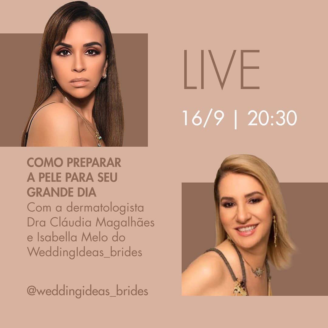 のインスタグラム：「❇️ É HOJE ❇️ Live no @weddingideas_brides sobre como preparar sua pele para seu casamento! A Dra Cláudia Magalhães @clinicaclaudiamagalhaes  Irá tirar suas dúvidas a respeito deste tema! NÃO PERCAM ! Vamos abordar muitos assuntos e dar muitas dicas valiosíssimas para as noivinhas 👰 ‼️ . HOJE (16/09) As 20:30 horas . Aguardamos vocês! ♥️」