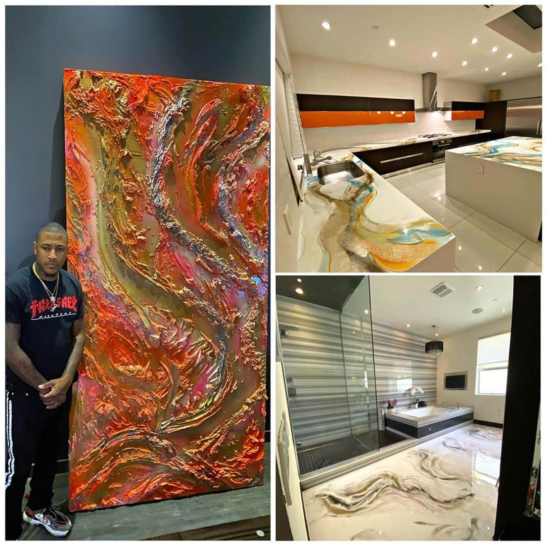 T.I.さんのインスタグラム写真 - (T.I.Instagram)「My mans @dsdpaintings came to da crib in LA & went CRAZY!!! Laid my cabinets,floors& den went off on a custom 1of1 painting whit da shit dried. He fye 🔥🔥🔥 check out his work & fux wit him💯🅰️1️⃣🦾」9月17日 14時28分 - tip