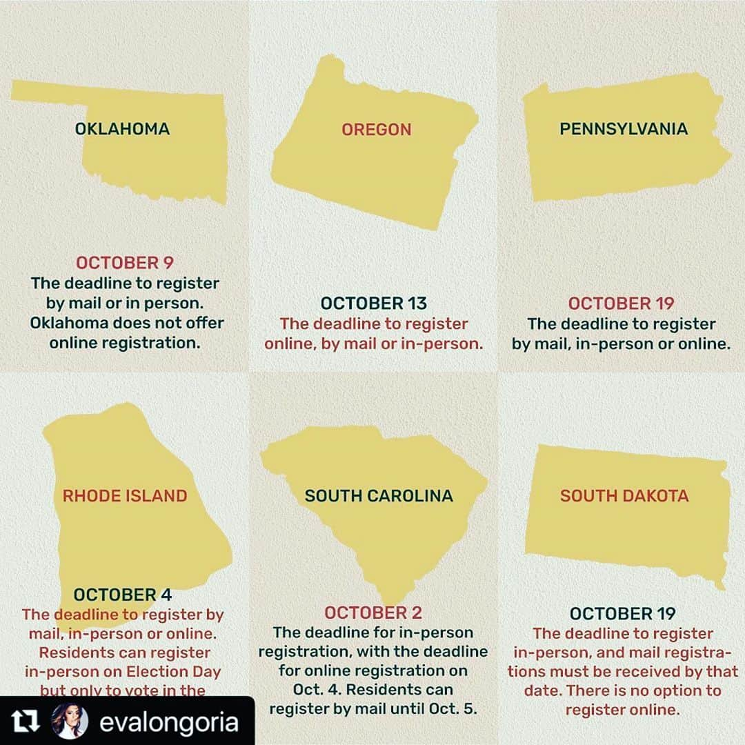 コンスタンス・マリーさんのインスタグラム写真 - (コンスタンス・マリーInstagram)「LETS DO THIS!!! 💪🏽🇺🇸👸🏽🇺🇸💪🏽 Swipe to see your state!! Register to Vote! #LatinasToTheRescue #LatinX #Vote #Votar  #shesepuede   #Repost @evalongoria with @make_repost ・・・ 🚨Atención🚨 Election Day is only 49 days away! Make sure you and all your amigas are registered to vote TODAY, as the deadlines & requirements vary by state. 🗳✨Share & tag with someone who needs to know. #SheSePuedeVote #SheSePuede」9月17日 14時55分 - goconstance