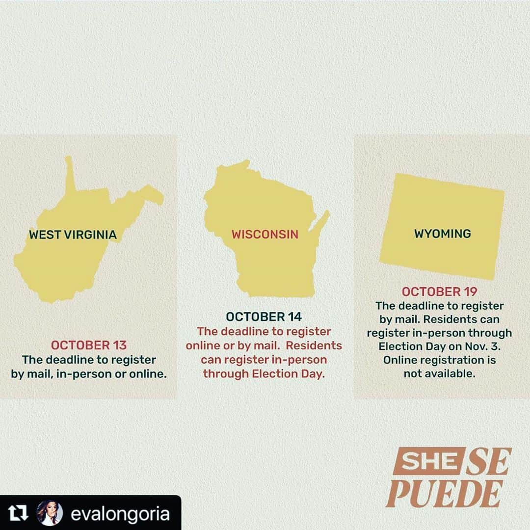 コンスタンス・マリーさんのインスタグラム写真 - (コンスタンス・マリーInstagram)「LETS DO THIS!!! 💪🏽🇺🇸👸🏽🇺🇸💪🏽 Swipe to see your state!! Register to Vote! #LatinasToTheRescue #LatinX #Vote #Votar  #shesepuede   #Repost @evalongoria with @make_repost ・・・ 🚨Atención🚨 Election Day is only 49 days away! Make sure you and all your amigas are registered to vote TODAY, as the deadlines & requirements vary by state. 🗳✨Share & tag with someone who needs to know. #SheSePuedeVote #SheSePuede」9月17日 14時55分 - goconstance