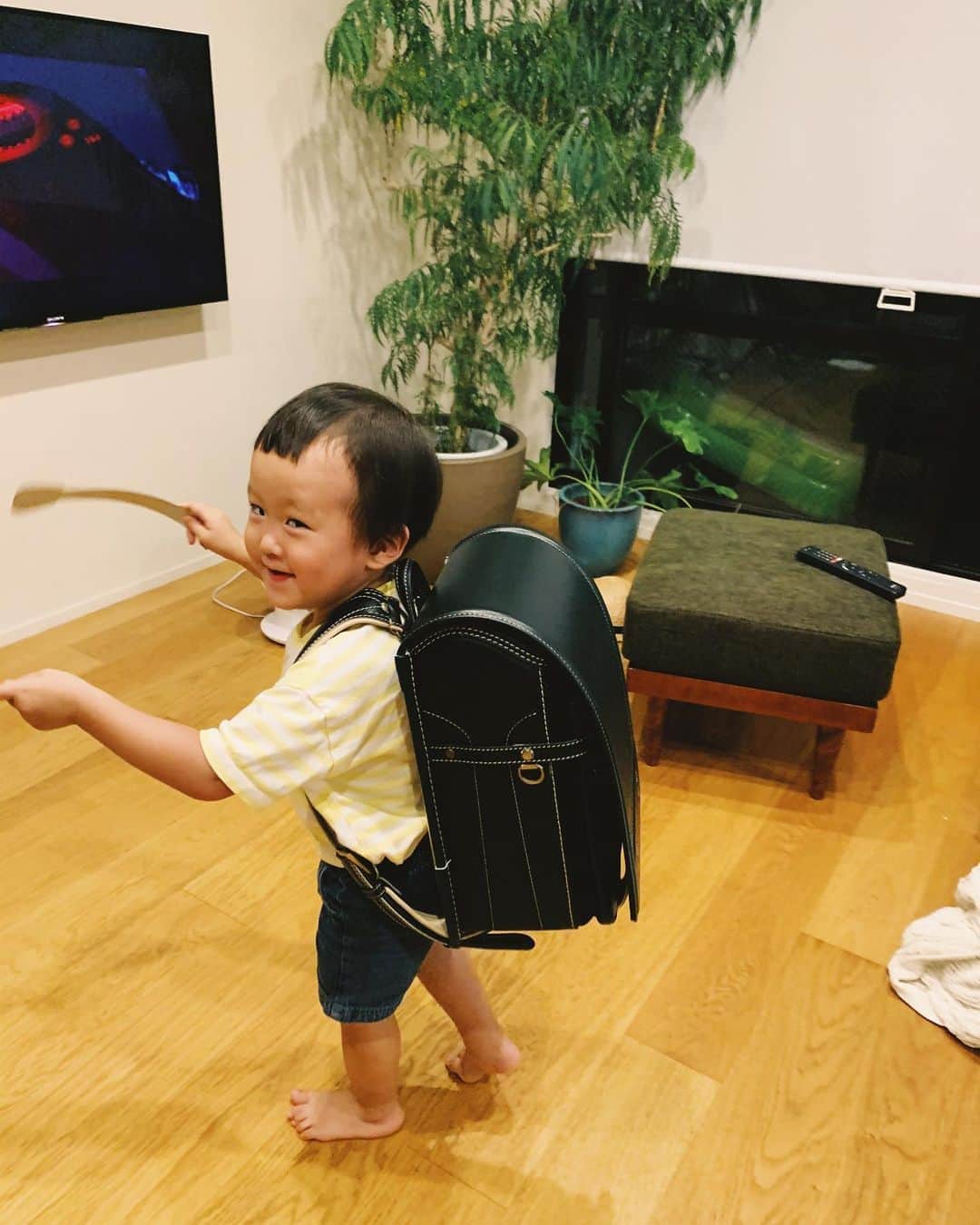 花盛友里のインスタグラム：「にーちゃんのランドセル乗っ取った人。 土屋鞄のアイビーグリーン！ カメの色だよ。」
