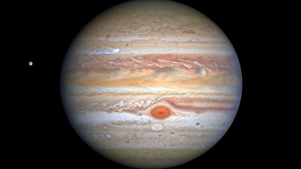 NASAさんのインスタグラム写真 - (NASAInstagram)「A crisp, new view of Jupiter has been captured by @NASAHubble! ✨   Image 1: This latest image of Jupiter, taken by NASA’s Hubble Space Telescope on Aug. 25, 2020, was captured when the planet was 406 million miles from Earth. A unique and exciting detail of Hubble’s snapshot appears at mid-northern latitudes as a bright, white, stretched-out storm traveling around the planet at 350 mph. Hubble shows that the Great Red Spot, rolling counterclockwise in the planet’s southern hemisphere, is plowing into the clouds ahead of it, forming a cascade of white and beige ribbons. Jupiter’s icy moon Europa, thought to hold potential ingredients for life, is visible to the left of the gas giant. Credit: NASA, ESA, STScI, A. Simon (Goddard Space Flight Center), M.H. Wong (University of California, Berkeley), and the OPAL team  Image 2: An image of Jupiter taken by Hubble in ultraviolet, visible, and near-infrared light on Aug. 25, 2020, is giving researchers an entirely new view of the giant planet and offers insights into the altitude and distribution of the planet's haze and particles. This complements Hubble’s visible-light pictures that show the ever-changing cloud patterns. In this photo, the parts of Jupiter’s atmosphere that are at higher altitude, especially over the poles, look red from atmospheric particles absorbing ultraviolet light. Conversely, the blue-hued areas represent the ultraviolet light being reflected off the planet. A new storm at upper left, which erupted on Aug. 18, 2020, is grabbing the attention of scientists in this image. The “clumps” trailing the white plume appear to be absorbing ultraviolet light, similar to the center of the Great Red Spot, and Red Spot Jr. directly below it. This provides researchers with more evidence that this storm may last longer on Jupiter than most storms. Credit: NASA, ESA, STScI, A. Simon (Goddard Space Flight Center), M.H. Wong (University of California, Berkeley), and the OPAL team  Learn more at the link in our bio.  #NASA #Hubble #Jupiter #planet #new #storm #universe #cosmos #telescope #astronomy」9月18日 4時37分 - nasagoddard
