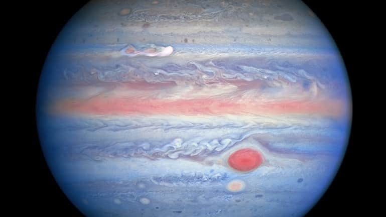 NASAさんのインスタグラム写真 - (NASAInstagram)「A crisp, new view of Jupiter has been captured by @NASAHubble! ✨   Image 1: This latest image of Jupiter, taken by NASA’s Hubble Space Telescope on Aug. 25, 2020, was captured when the planet was 406 million miles from Earth. A unique and exciting detail of Hubble’s snapshot appears at mid-northern latitudes as a bright, white, stretched-out storm traveling around the planet at 350 mph. Hubble shows that the Great Red Spot, rolling counterclockwise in the planet’s southern hemisphere, is plowing into the clouds ahead of it, forming a cascade of white and beige ribbons. Jupiter’s icy moon Europa, thought to hold potential ingredients for life, is visible to the left of the gas giant. Credit: NASA, ESA, STScI, A. Simon (Goddard Space Flight Center), M.H. Wong (University of California, Berkeley), and the OPAL team  Image 2: An image of Jupiter taken by Hubble in ultraviolet, visible, and near-infrared light on Aug. 25, 2020, is giving researchers an entirely new view of the giant planet and offers insights into the altitude and distribution of the planet's haze and particles. This complements Hubble’s visible-light pictures that show the ever-changing cloud patterns. In this photo, the parts of Jupiter’s atmosphere that are at higher altitude, especially over the poles, look red from atmospheric particles absorbing ultraviolet light. Conversely, the blue-hued areas represent the ultraviolet light being reflected off the planet. A new storm at upper left, which erupted on Aug. 18, 2020, is grabbing the attention of scientists in this image. The “clumps” trailing the white plume appear to be absorbing ultraviolet light, similar to the center of the Great Red Spot, and Red Spot Jr. directly below it. This provides researchers with more evidence that this storm may last longer on Jupiter than most storms. Credit: NASA, ESA, STScI, A. Simon (Goddard Space Flight Center), M.H. Wong (University of California, Berkeley), and the OPAL team  Learn more at the link in our bio.  #NASA #Hubble #Jupiter #planet #new #storm #universe #cosmos #telescope #astronomy」9月18日 4時37分 - nasagoddard