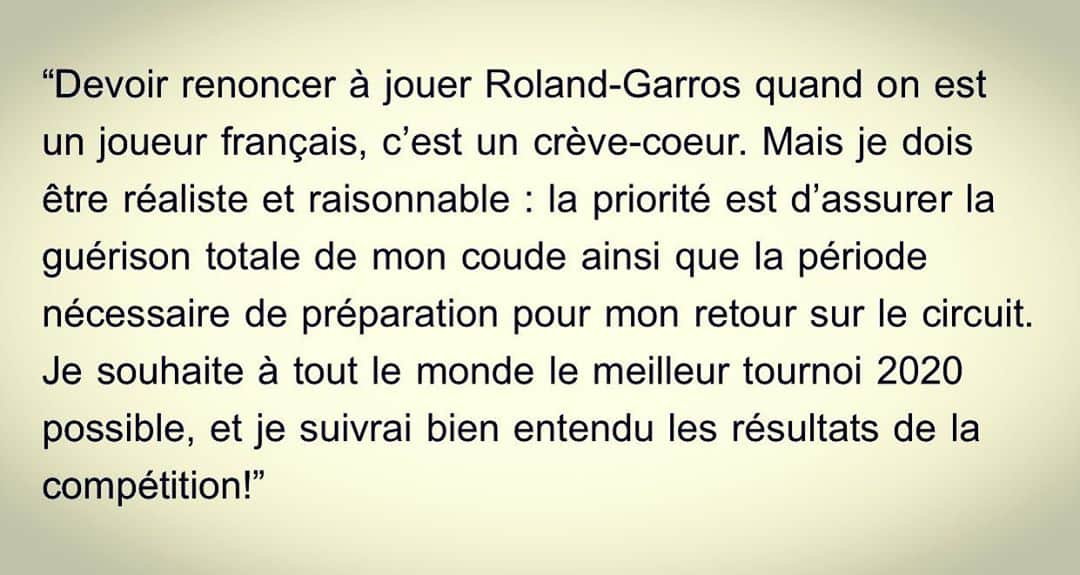 リュカ・プイユのインスタグラム：「Désolé, @rolandgarros 2020💔」